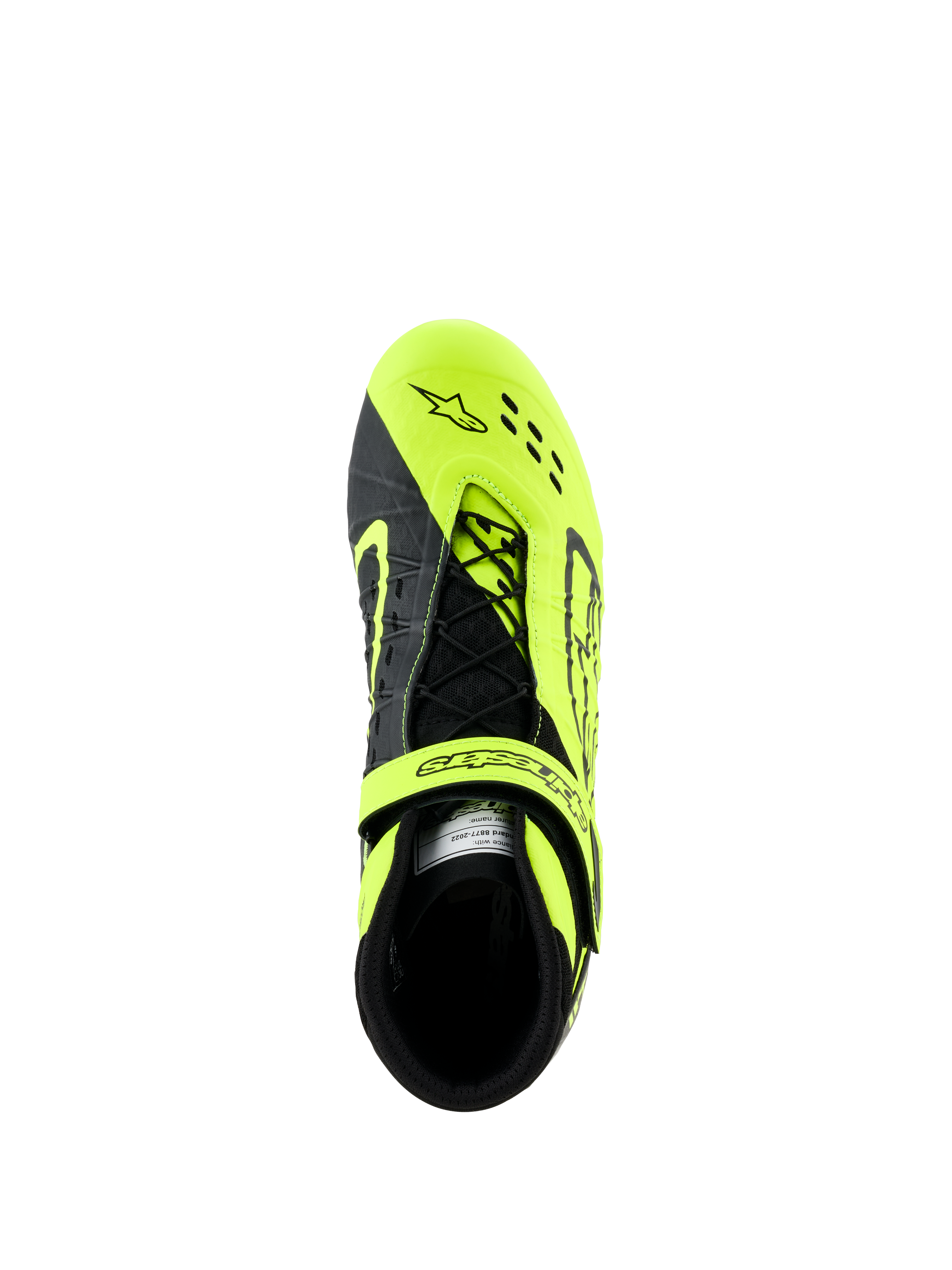 Alpinestars Tech-1 KX V3 Schuhe, Kartschuhe, Schwarz und Gelb Fluo, Draufsicht mit asymmetrischem Schnürsystem und verstellbarem Riemen, lasergeschnittene Perforationen für Atmungsaktivität, konzipiert für den Kartsport