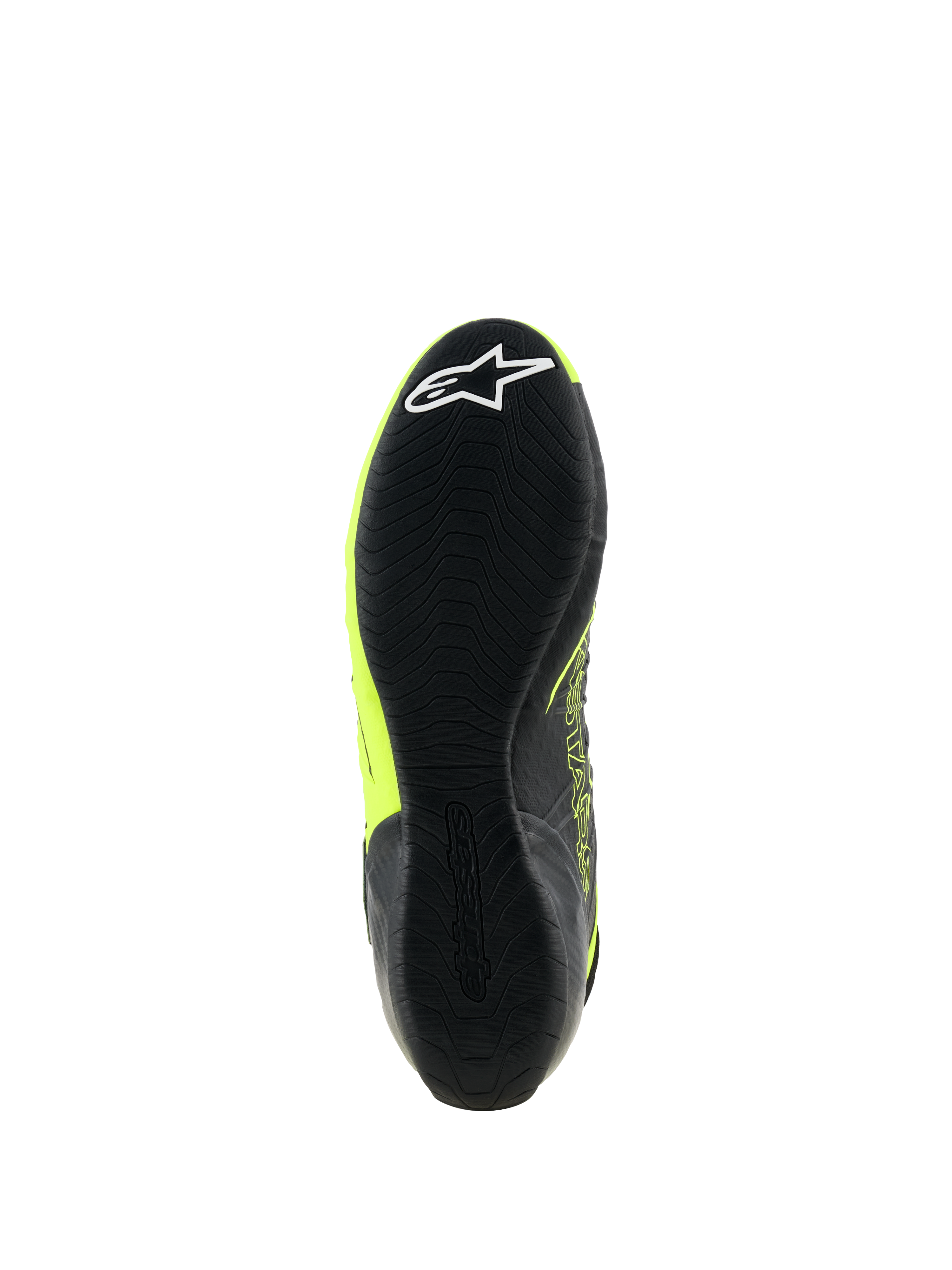 Alpinestars Tech-1 KX V3 Schuhe, Karting-Schuhe, Schwarz und Gelb Fluo, Unteransicht der dünnen Gummisohle mit strukturiertem Grip-Muster und weißem Stern-Logo an der Ferse, entwickelt für Motorsport-Performance.