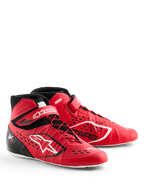 Alpinestars Tech-1 KX V3 Schuhe, Kart-Schuhe, Rot und Schwarz, mit asymmetrischer Schnürung und Klettverschluss am Knöchel, weißem Alpinestars-Branding, lasergeschnittenen Lufteinlässen und einer leichten, nahtlosen Konstruktion für professionelle Motorsport-Leistung.