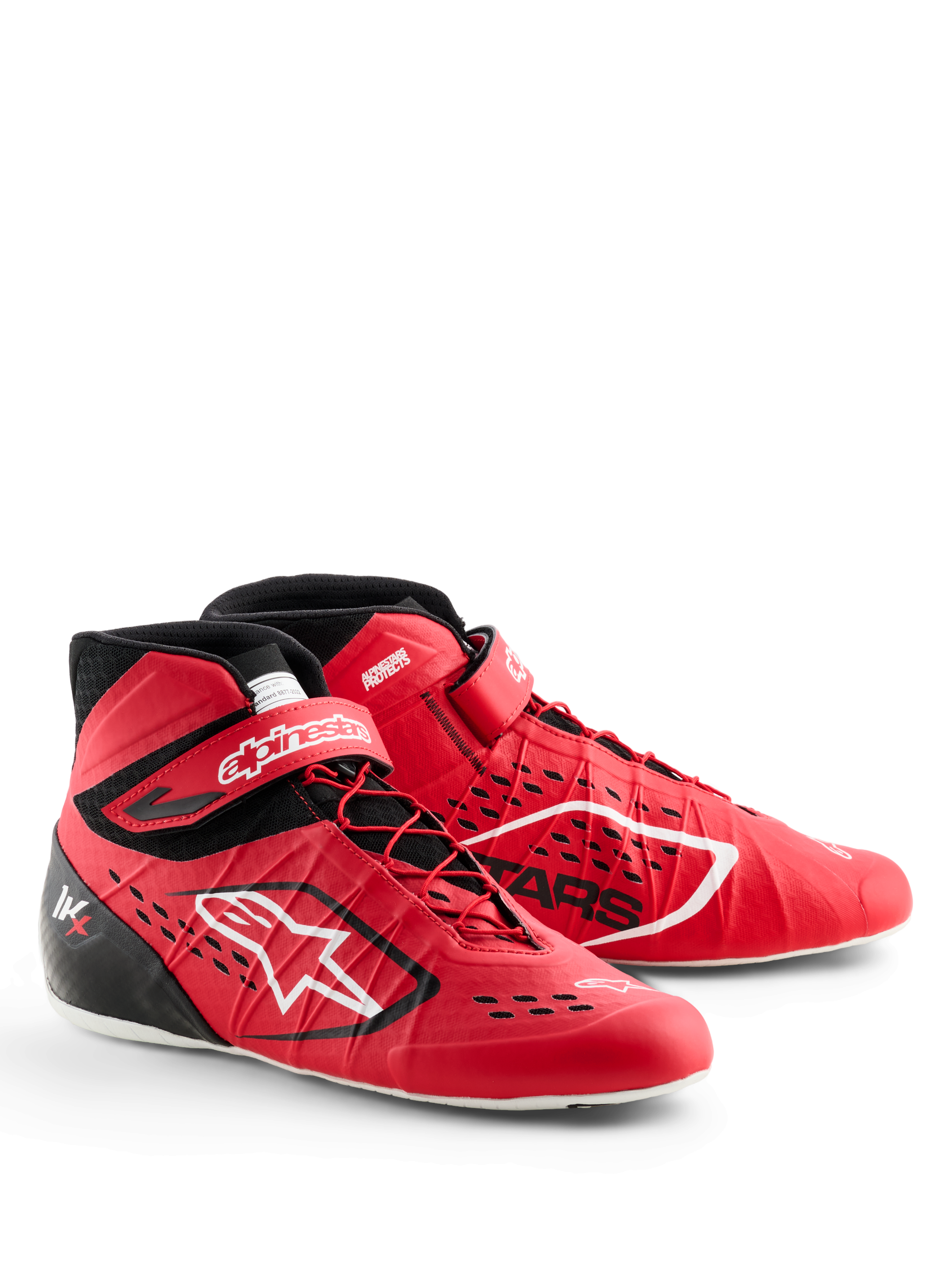 Alpinestars Tech-1 KX V3 Schuhe, Kart-Schuhe, Rot und Schwarz, mit asymmetrischer Schnürung und Klettverschluss am Knöchel, weißem Alpinestars-Branding, lasergeschnittenen Lufteinlässen und einer leichten, nahtlosen Konstruktion für professionelle Motorsport-Leistung.