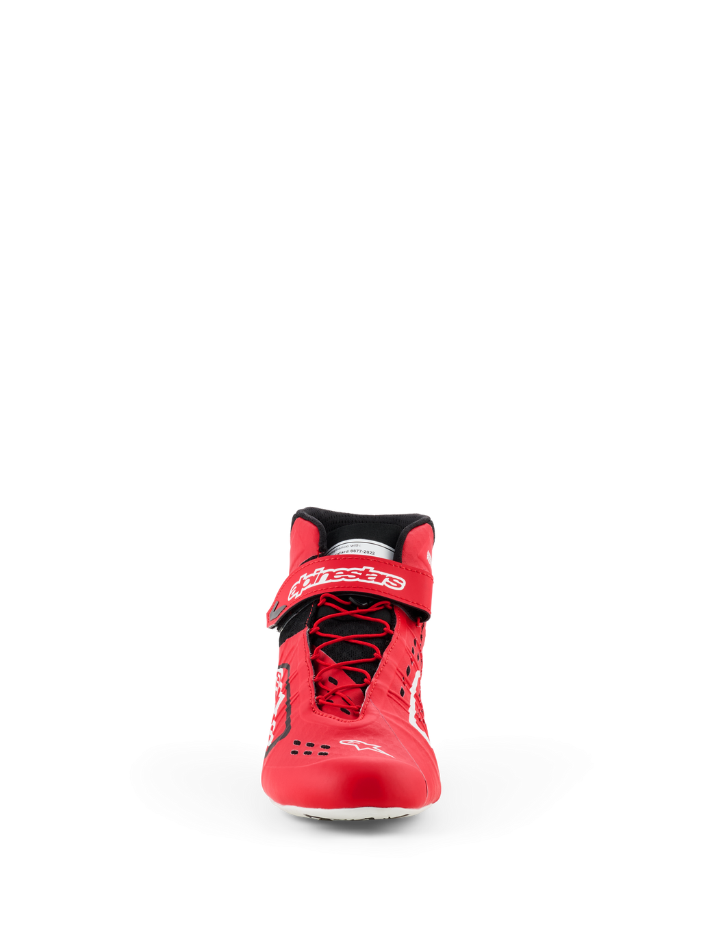 Alpinestars Tech-1 KX V3 Schuhe - FIA, Karting-Schuhe, Rot und Schwarz, Vorderansicht mit asymmetrischem Schnellschnürsystem, Klettverschluss am Knöchel mit weißem Branding und schlanker thermogeschweißter Konstruktion