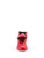 Alpinestars Tech-1 KX V3 Schuhe - FIA, Karting-Schuhe, Rot und Schwarz, Vorderansicht mit asymmetrischem Schnellschnürsystem, Klettverschluss am Knöchel mit weißem Branding und schlanker thermogeschweißter Konstruktion