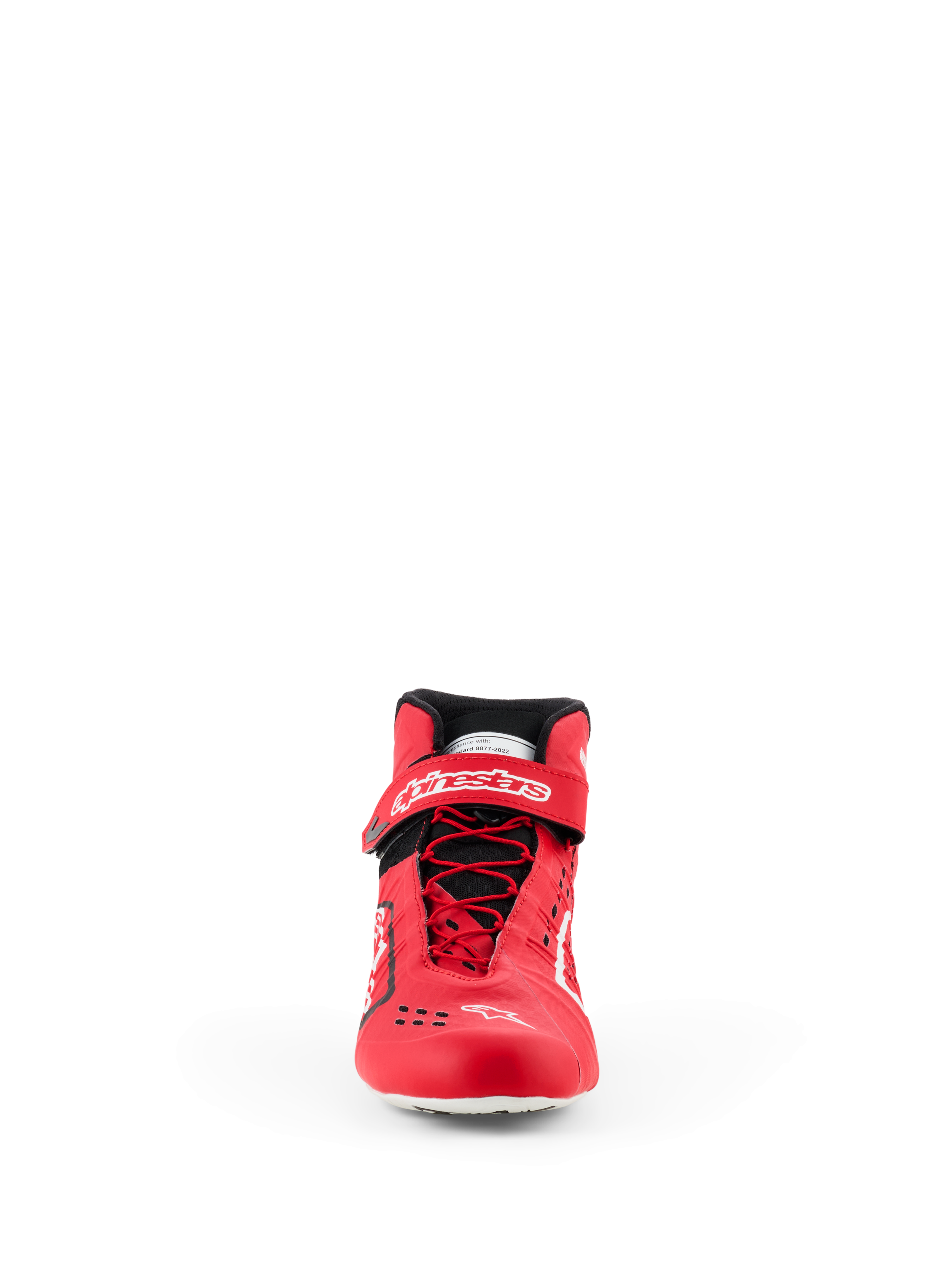 Alpinestars Tech-1 KX V3 Schuhe - FIA, Karting-Schuhe, Rot und Schwarz, Vorderansicht mit asymmetrischem Schnellschnürsystem, Klettverschluss am Knöchel mit weißem Branding und schlanker thermogeschweißter Konstruktion