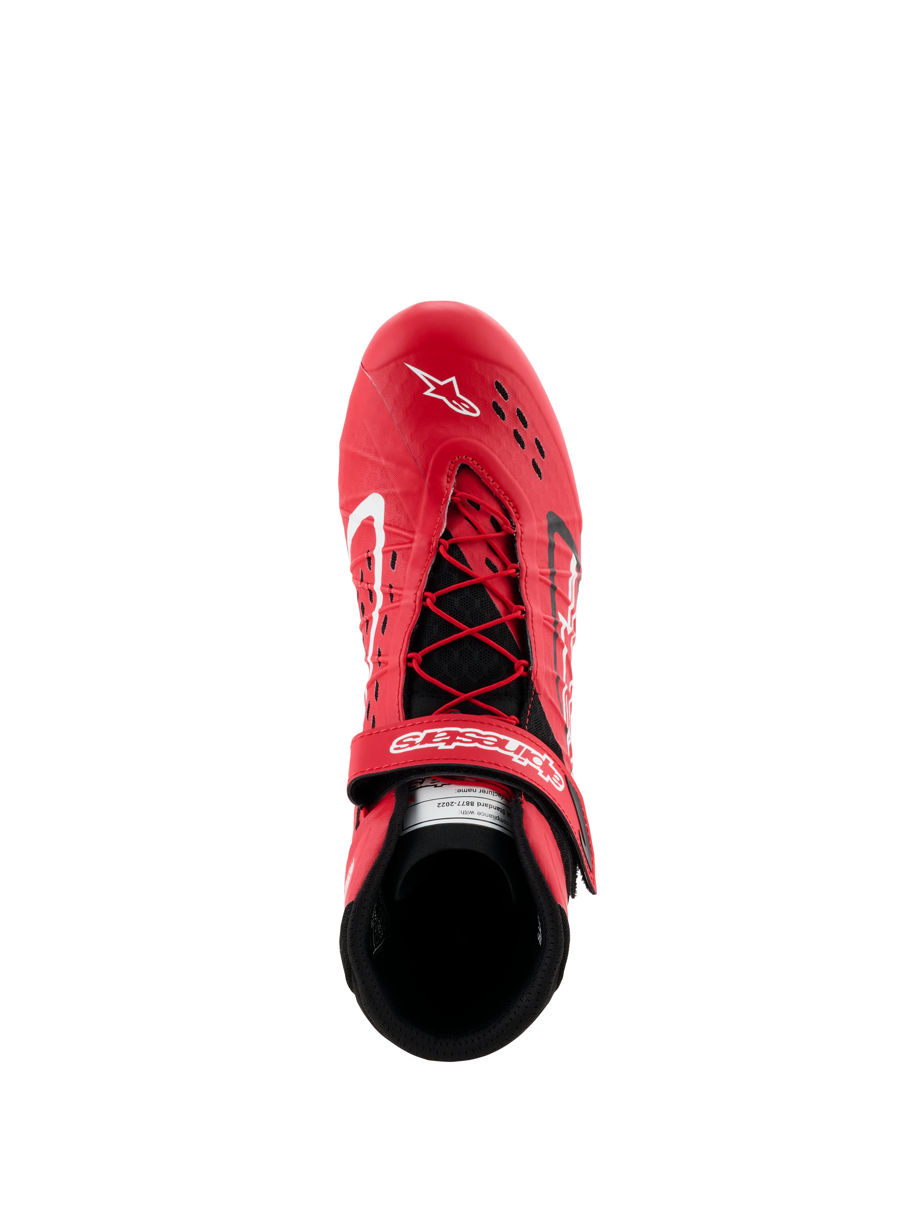 Alpinestars Tech-1 KX V3 Schuhe - FIA, rote und schwarze Kartschuhe, Draufsicht mit asymmetrischem Schnürsystem und verstellbarem Klettverschluss, perforiertes Obermaterial für Atmungsaktivität, leichtes Performance-Rennschuhwerk