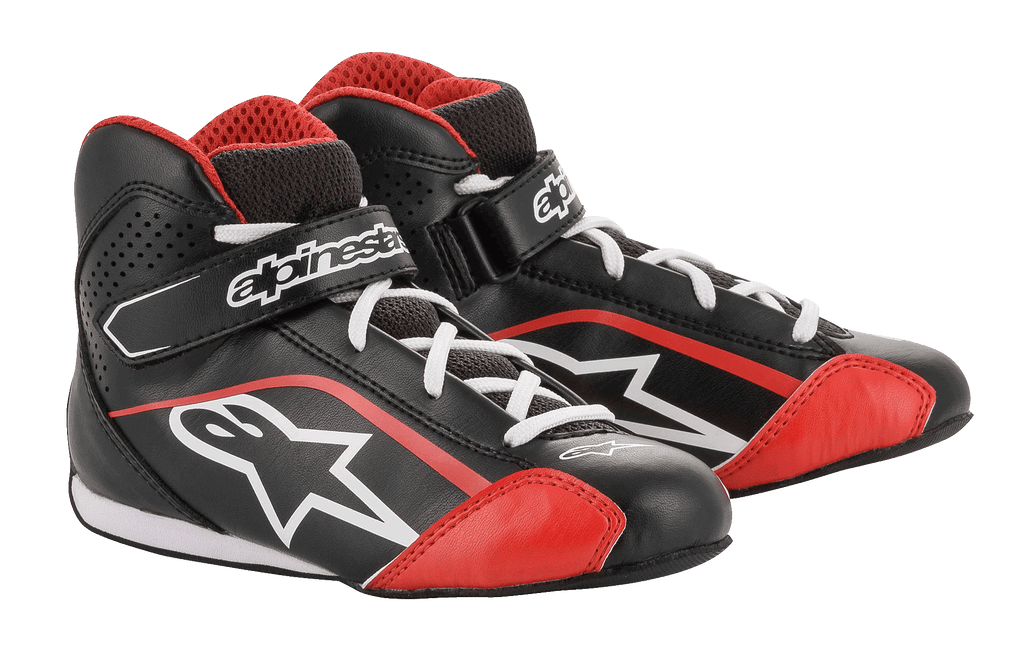 Alpinestars Youth Tech-1 K Schuhe, Kartschuhe, Schwarz, Weiß und Rot, mit leichtem Mikrofaser-Obermaterial und roten Akzenten, weißen Schnürsenkeln und sicherem Klettverschluss am Knöchel, entwickelt für den Jugend-Kartsport