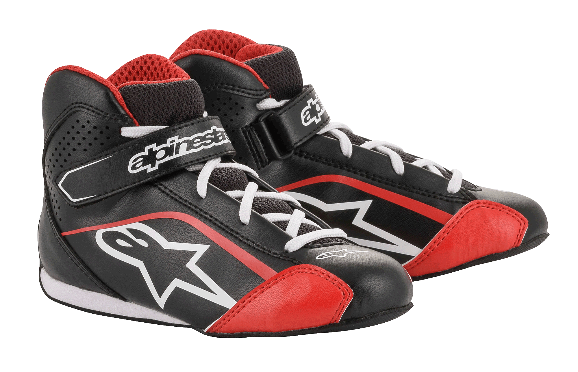 Alpinestars Youth Tech-1 K Schuhe, Kartschuhe, Schwarz, Weiß und Rot, mit leichtem Mikrofaser-Obermaterial und roten Akzenten, weißen Schnürsenkeln und sicherem Klettverschluss am Knöchel, entwickelt für den Jugend-Kartsport