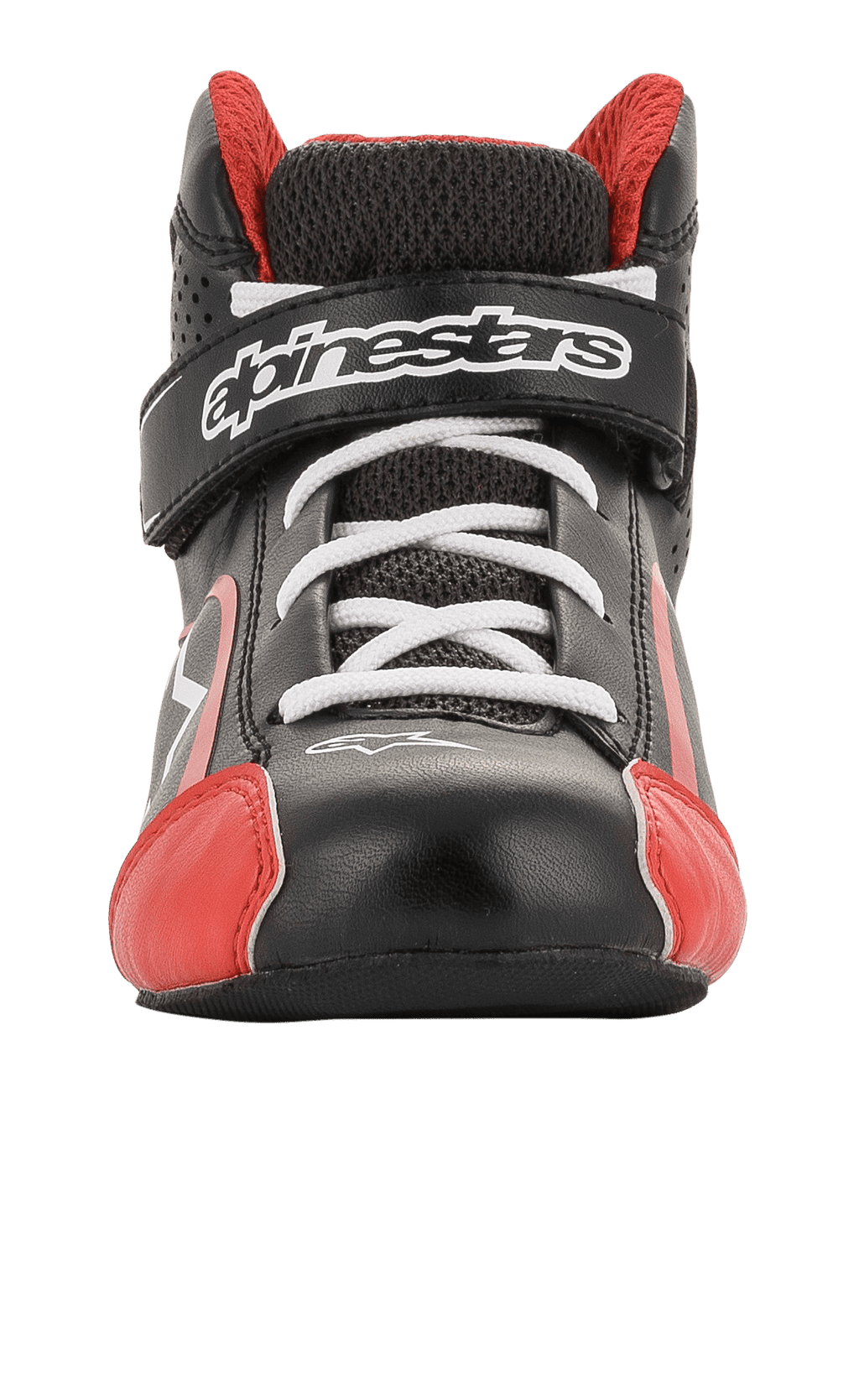 Alpinestars Youth Tech-1 K Schuhe, Kart-Schuhe, Schwarz, Weiß und Rot, Vorderansicht mit weißen Schnürsenkeln und Klettverschluss mit Markenlogo, rote Akzente an der Zehenpartie, leichte Mikrofaser- und Mesh-Konstruktion