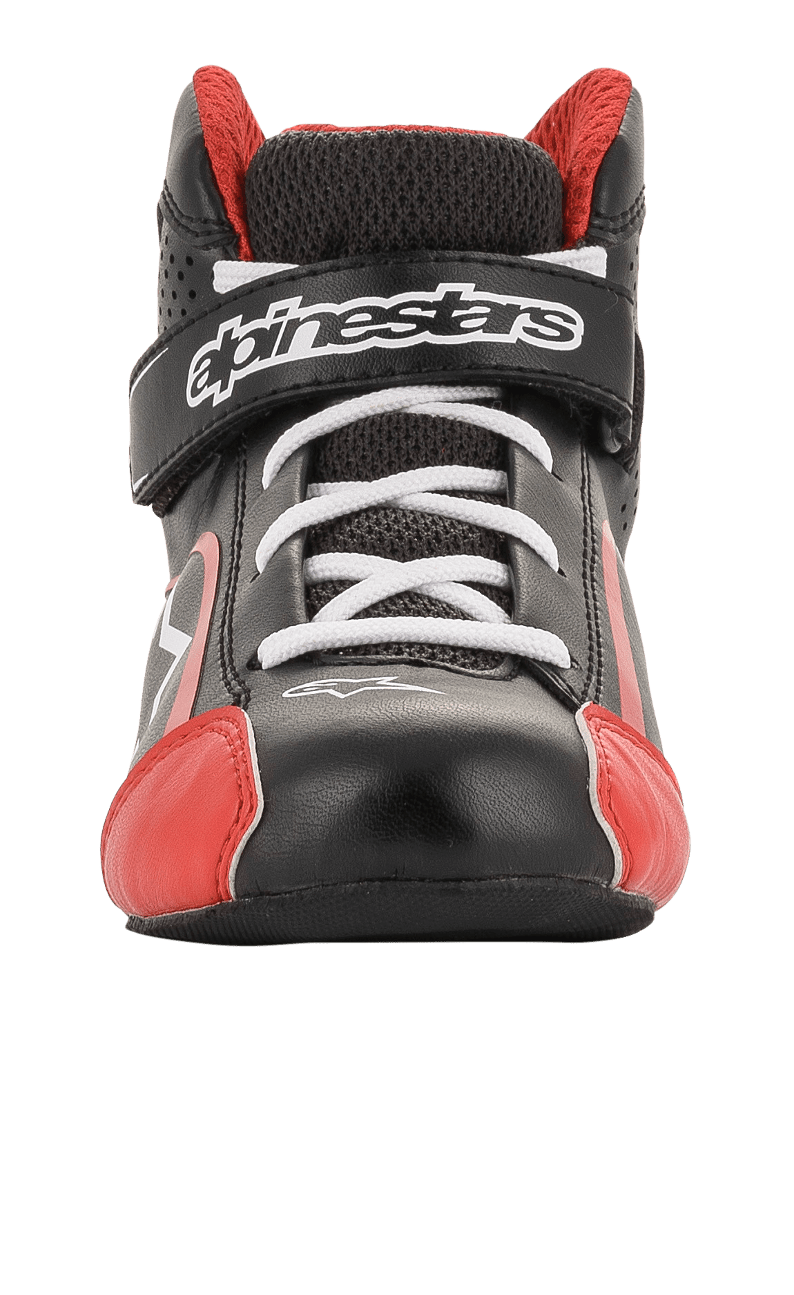 Alpinestars Youth Tech-1 K Schuhe, Kart-Schuhe, Schwarz, Weiß und Rot, Vorderansicht mit weißen Schnürsenkeln und Klettverschluss mit Markenlogo, rote Akzente an der Zehenpartie, leichte Mikrofaser- und Mesh-Konstruktion
