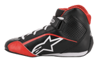 Alpinestars Youth Tech-1 K Schuhe, Karting-Schuhe, Schwarz, Weiß und Rot, Seitenprofil mit weißem Stern-Logo, roter Mesh-Kragen, weiße Schnürsenkel und Knöchelriemen, leichte Mikrofaser- und Mesh-Konstruktion für den Rennsport