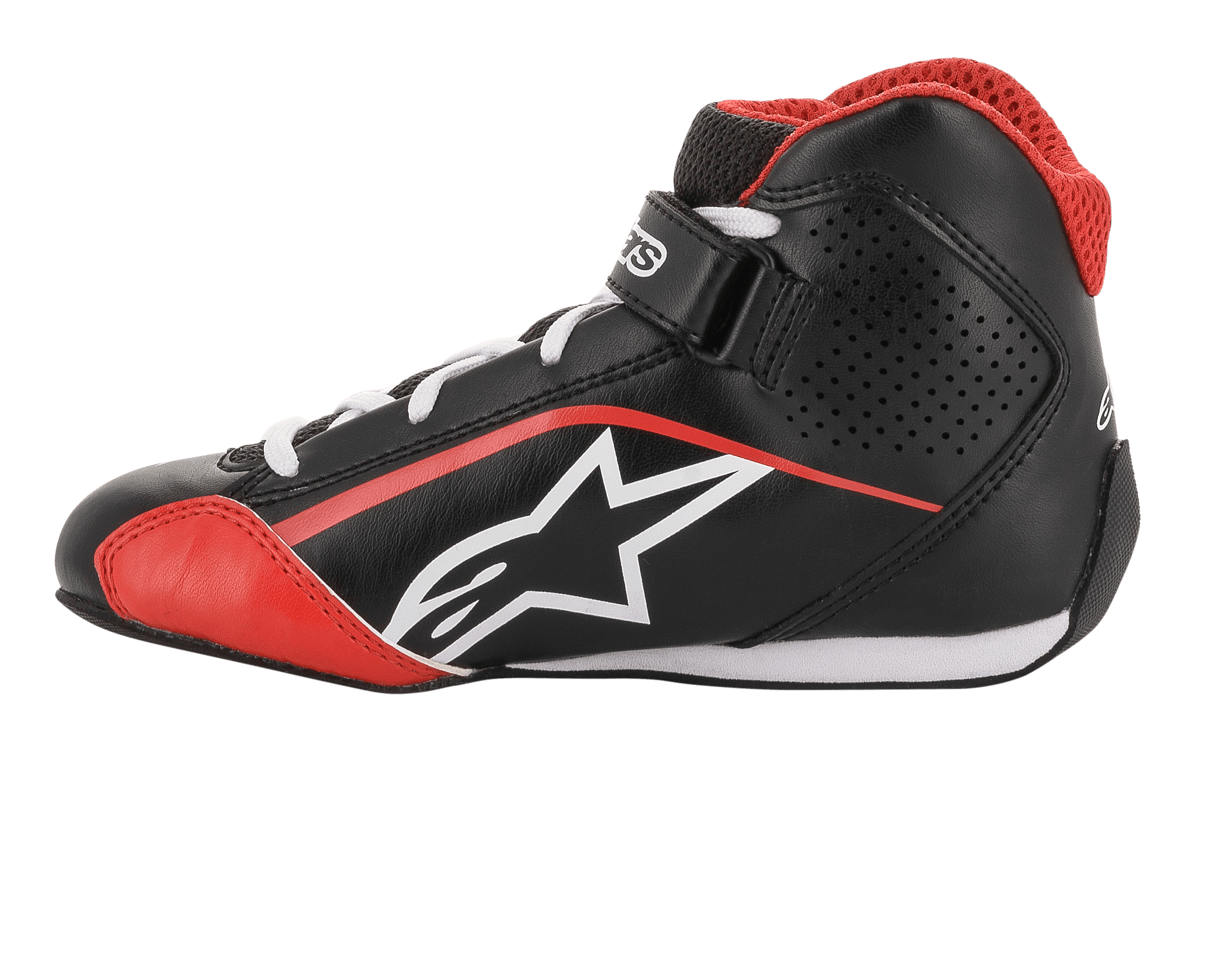 Alpinestars Youth Tech-1 K Schuhe, Karting-Schuhe, Schwarz, Weiß und Rot, Seitenprofil mit weißem Stern-Logo, roter Mesh-Kragen, weiße Schnürsenkel und Knöchelriemen, leichte Mikrofaser- und Mesh-Konstruktion für den Rennsport