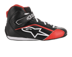 Alpinestars Youth Tech-1 K Schuhe, Karting-Schuhe, Schwarz, Weiß und Rot, Seitenprofil mit Mikrofaser-Konstruktion, weißes Alpinestars-Logo, Klettverschluss am Knöchel und perforierte Seitenpaneele für Belüftung.