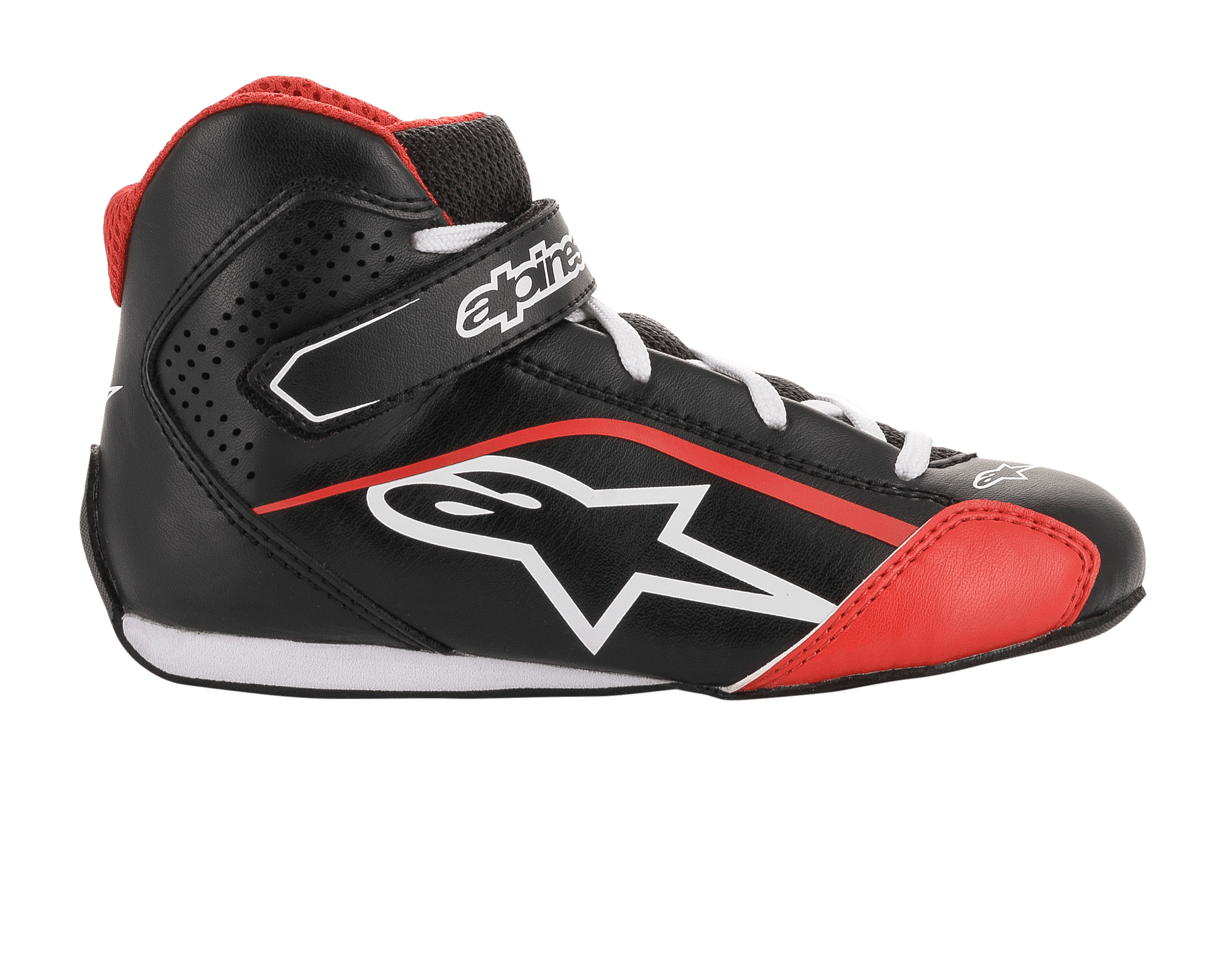 Alpinestars Youth Tech-1 K Schuhe, Karting-Schuhe, Schwarz, Weiß und Rot, Seitenprofil mit Mikrofaser-Konstruktion, weißes Alpinestars-Logo, Klettverschluss am Knöchel und perforierte Seitenpaneele für Belüftung.