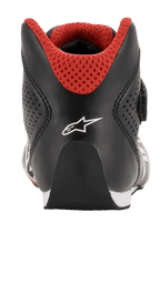 Alpinestars Youth Tech-1 K Schuhe, Karting-Schuhe, Schwarz, Weiß und Rot, Rückansicht mit abgerundeter Ferse, weißem Alpinestars-Logo und rotem 3D-Mesh-Kragen für den Kartsport