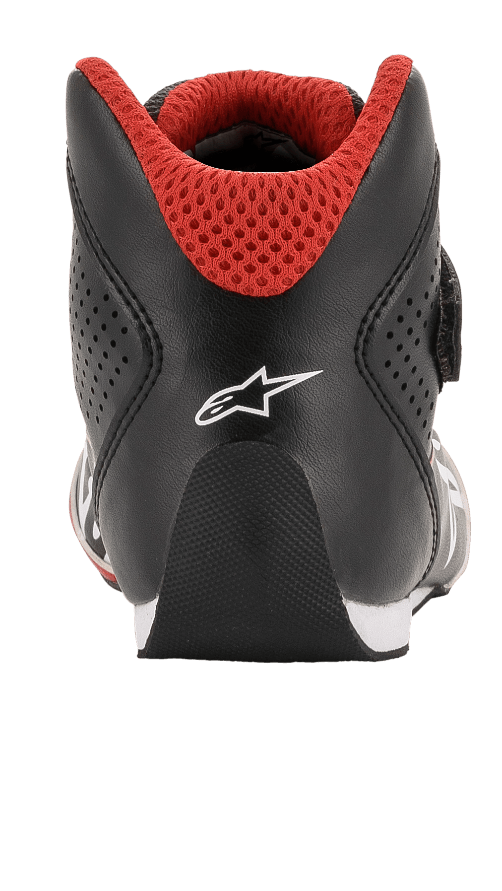 Alpinestars Youth Tech-1 K Schuhe, Karting-Schuhe, Schwarz, Weiß und Rot, Rückansicht mit abgerundeter Ferse, weißem Alpinestars-Logo und rotem 3D-Mesh-Kragen für den Kartsport