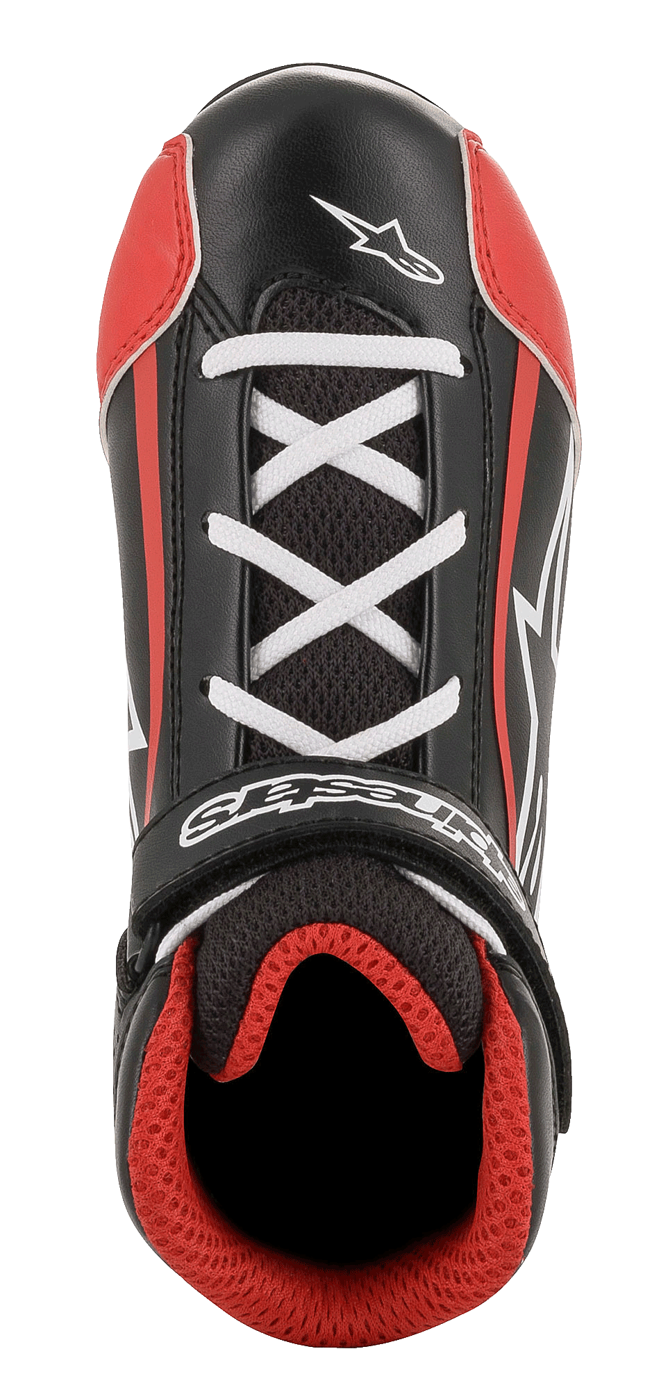 Alpinestars Youth Tech-1 K Schuhe, Kartschuhe, Schwarz, Weiß und Rot, Draufsicht mit weißer Kreuzschnürung, schwarzem Klettverschluss mit Logo, rotem 3D-Mesh-Futter, strapazierfähige Mikrofaser- und Mesh-Konstruktion