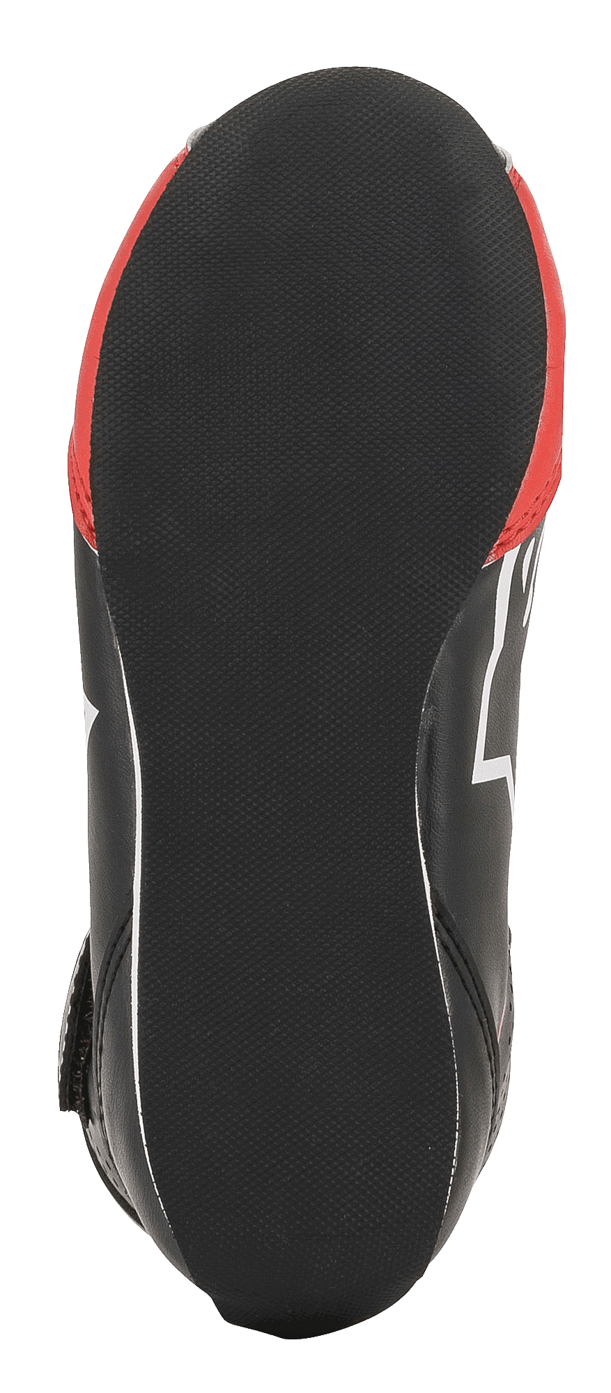 Alpinestars Youth Tech-1 K Schuhe, Kart-Schuhe, Schwarz, Weiß und Rot, Unteransicht mit strukturierter schwarzer Gummisohle, abgerundeter Ferse für Pedalsensibilität und roten Seitenakzenten.