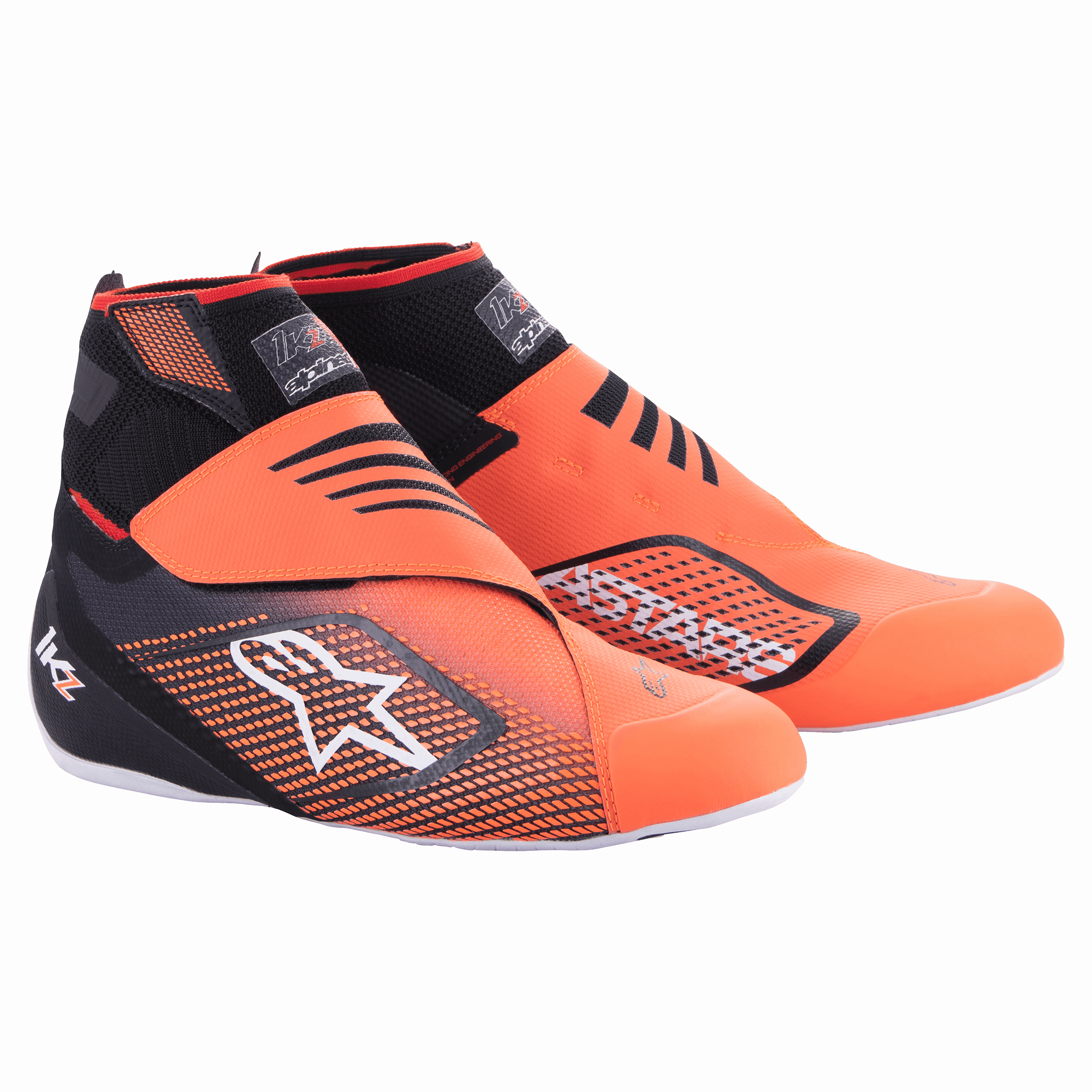 Alpinestars Tech-1 KZ V2 Shoes, Karting Racing Shoes, Black and Orange Fluo, high-top design with knitted upper and white Astars logo, black mesh panels, textured overlays, thin white soles, dual hook and loop closures, aerodynamic performance footwear
