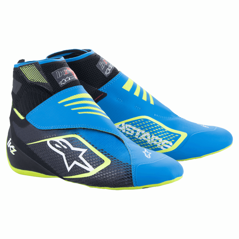 Alpinestars Tech-1 KZ V2 Karting-Schuhe, Blau, Schwarz und Fluo-Gelb, mit nahtlosem, gestricktem Obermaterial, doppeltem Knöchelriemenverschluss, großem weißem Stern-Logo an der Seite, schlankes, leichtes Design für den Motorsport