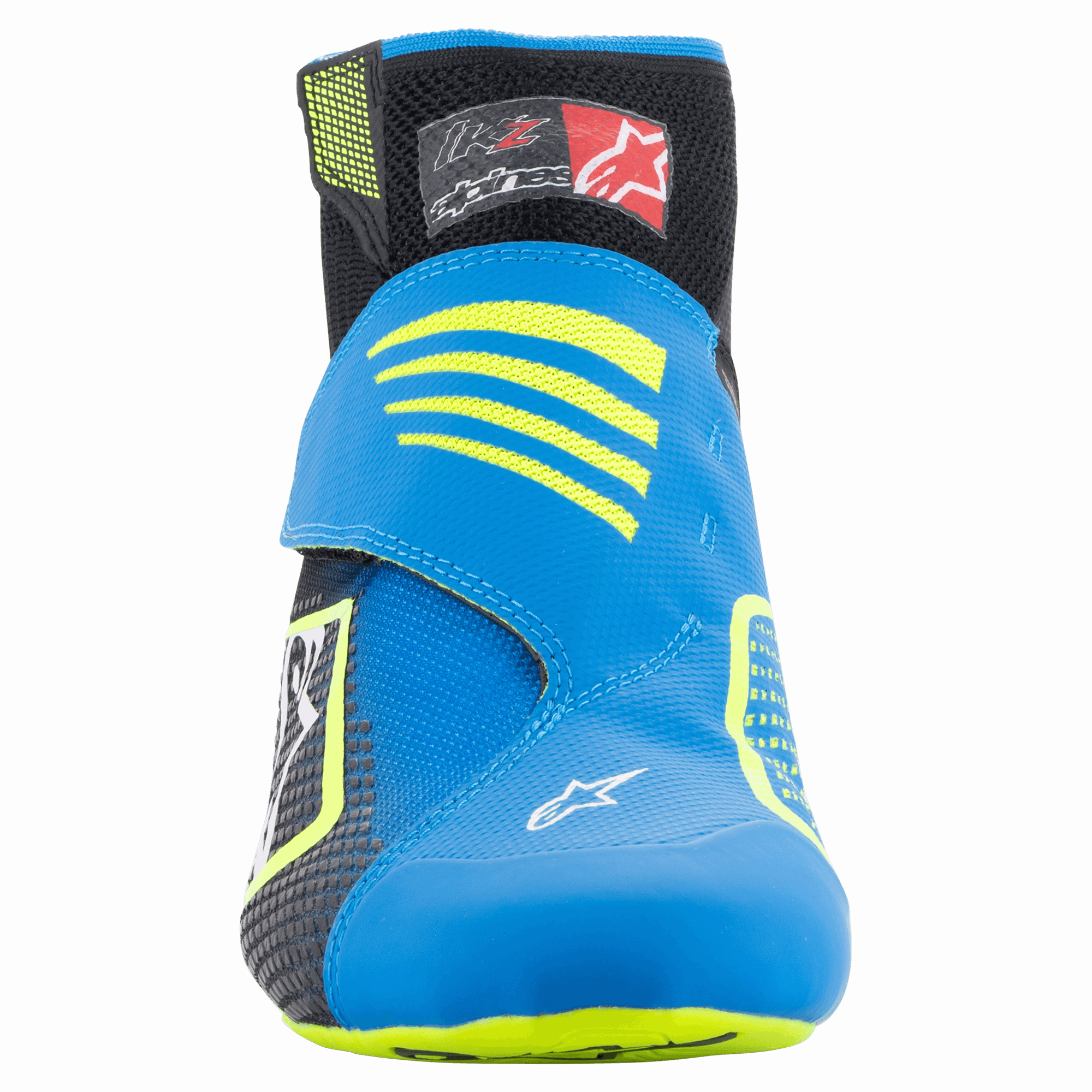 Alpinestars Tech-1 KZ V2 Shoes, Karting Shoes, Black Enamel Blue and Yellow Fluo, front view showing the seamless knitted upper, vibrant blue strap with yellow accents, and black ankle collar.