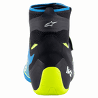 Alpinestars Tech-1 KZ V2 Shoes, Karting Shoes, Black Enamel Blue and Yellow Fluo, Rear view showing the knitted upper construction, Alpinestars logo, and bright yellow fluo heel support