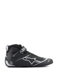 Alpinestars Tech-1 Z V3 Shoes FIA, Black Silver Auto Racing Shoes, side profile of high-top design with silver star logo, integrated Velcro strap closure, speed lacing system, perforated leather panels for breathability, professional FIA certified motorsport footwear