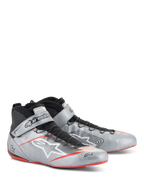 Alpinestars Tech-1 Z V3 Shoes FIA, Auto Racing Shoes, Dark Silver with Black and Red accents, metallic silver leather upper with black speed lacing system, branded ankle strap, and thin red sole detailing.