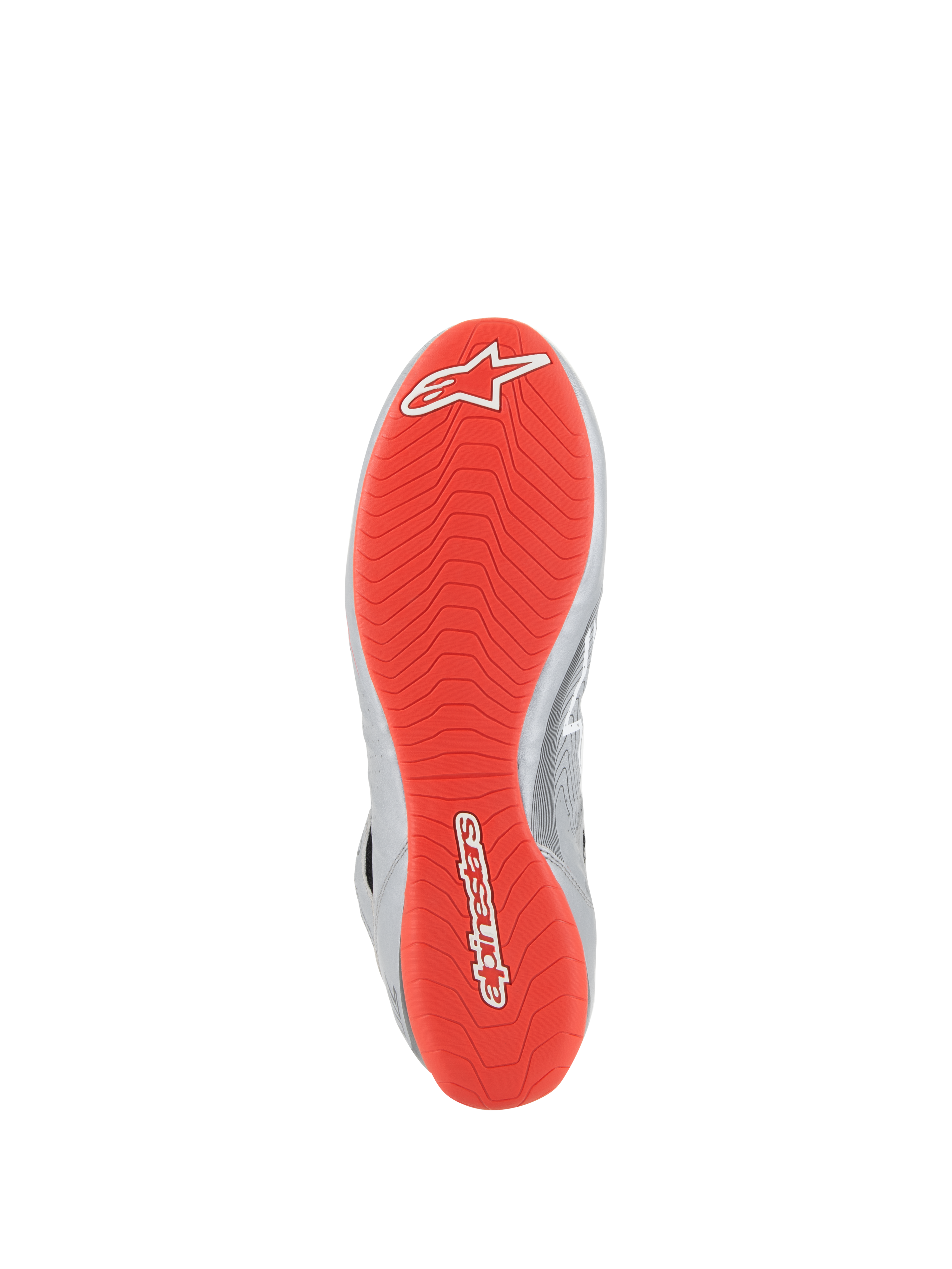 Alpinestars Tech-1 Z V3 Shoes FIA, Auto Racing Shoes, Dark Silver Black Red, Bottom view showing the bright red rubber outsole with white Alpinestars logos, textured asymmetric tread pattern for grip, silver leather accents on the side