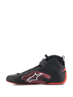 Alpinestars Tech-1 Z V3 Shoes FIA, Auto Racing Shoes, Black and Red, side profile view, premium leather construction with red heel counter, white Astars logo with red linear graphic, ankle strap and thin laces