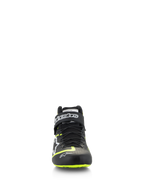Alpinestars Tech-1 Z V3 Shoes FIA, Auto Racing Footwear, Black and Yellow Fluo, front view, featuring a dual-closure speed lacing system and branded ankle strap, bright yellow accents on the toe and sole, premium leather construction.