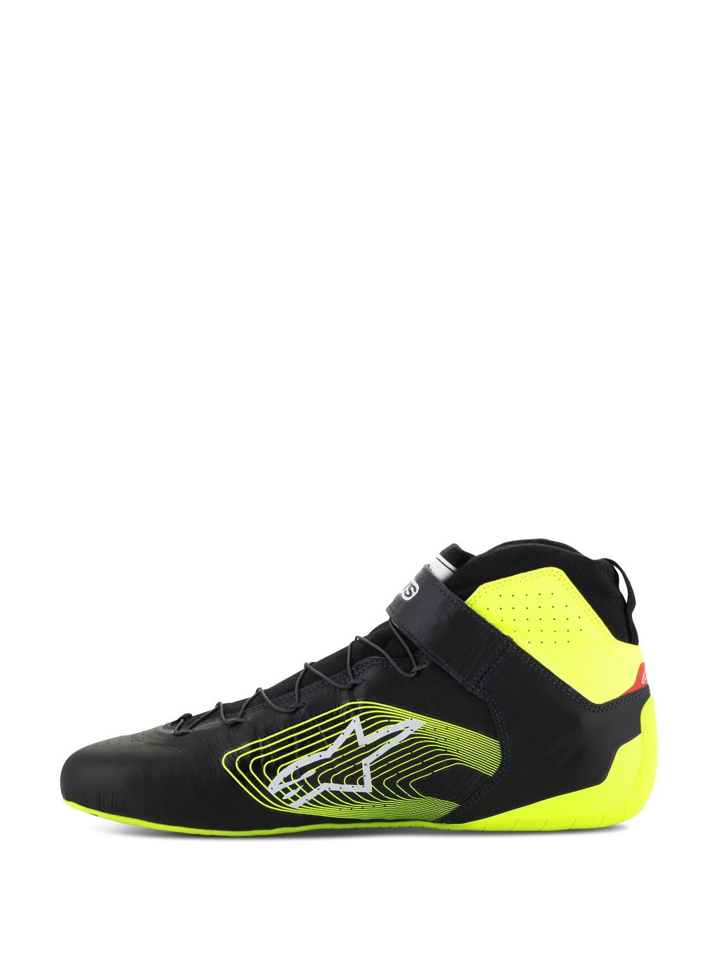 Alpinestars Tech-1 Z V3 Shoes FIA, Auto Racing Shoes, Black and Yellow Fluo, side profile view, premium leather upper with speed lacing and ankle strap, bold yellow graphic logo on the side, fluorescent yellow heel and collar accents