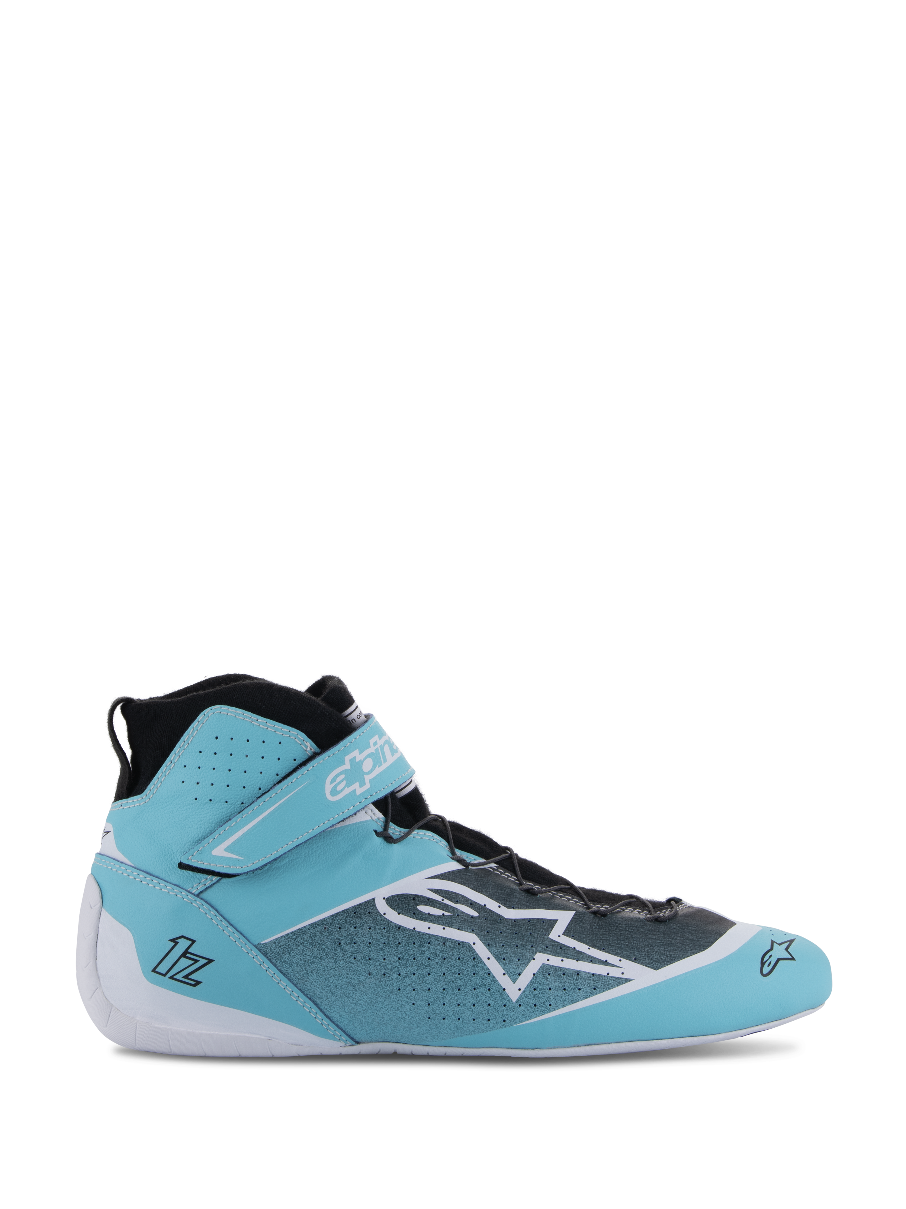 Alpinestars Tech-1 Z V3 Shoes FIA, professional auto racing shoes, Light Teal, White and Black, high-top design with Velcro ankle strap, perforated bovine leather upper, speed lacing system, lateral profile view showing Alpinestars star logo and FIA certified construction