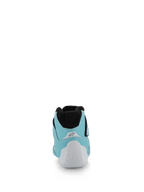 Alpinestars Tech-1 Z V3 Shoes FIA, Auto Racing Shoes, Light Teal White and Black, rear view showing the white thermo-formed heel cup and black knitted stretch collar, professional motorsport footwear