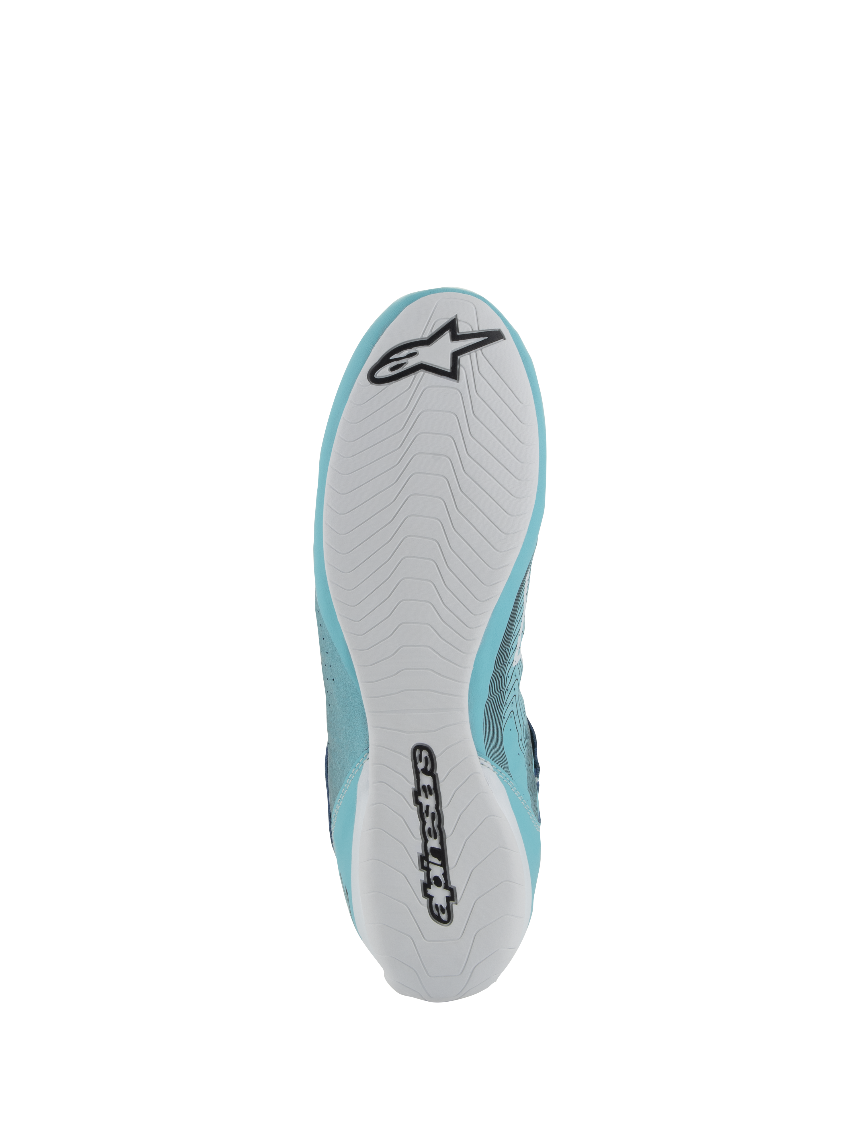 Alpinestars Tech-1 Z V3 Shoes FIA, Auto Racing Footwear, Light Teal and White, bottom view featuring a white rubber sole with black Alpinestars logo and wordmark, asymmetric tread pattern for grip and pedal feel.