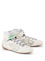 Alpinestars Tech-1 Z V3 Shoes FIA, White Green Gum Silver racing shoes, perforated bovine leather upper, speed lacing system with green logo strap, thin gum rubber sole for pedal feel, professional motorsport footwear