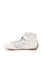 Alpinestars Tech-1 Z V3 Shoes FIA, white racing shoes with green and silver accents, gum sole, high-top design featuring perforated leather, speed lacing system with wire support, silver Alpinestars logo on the side