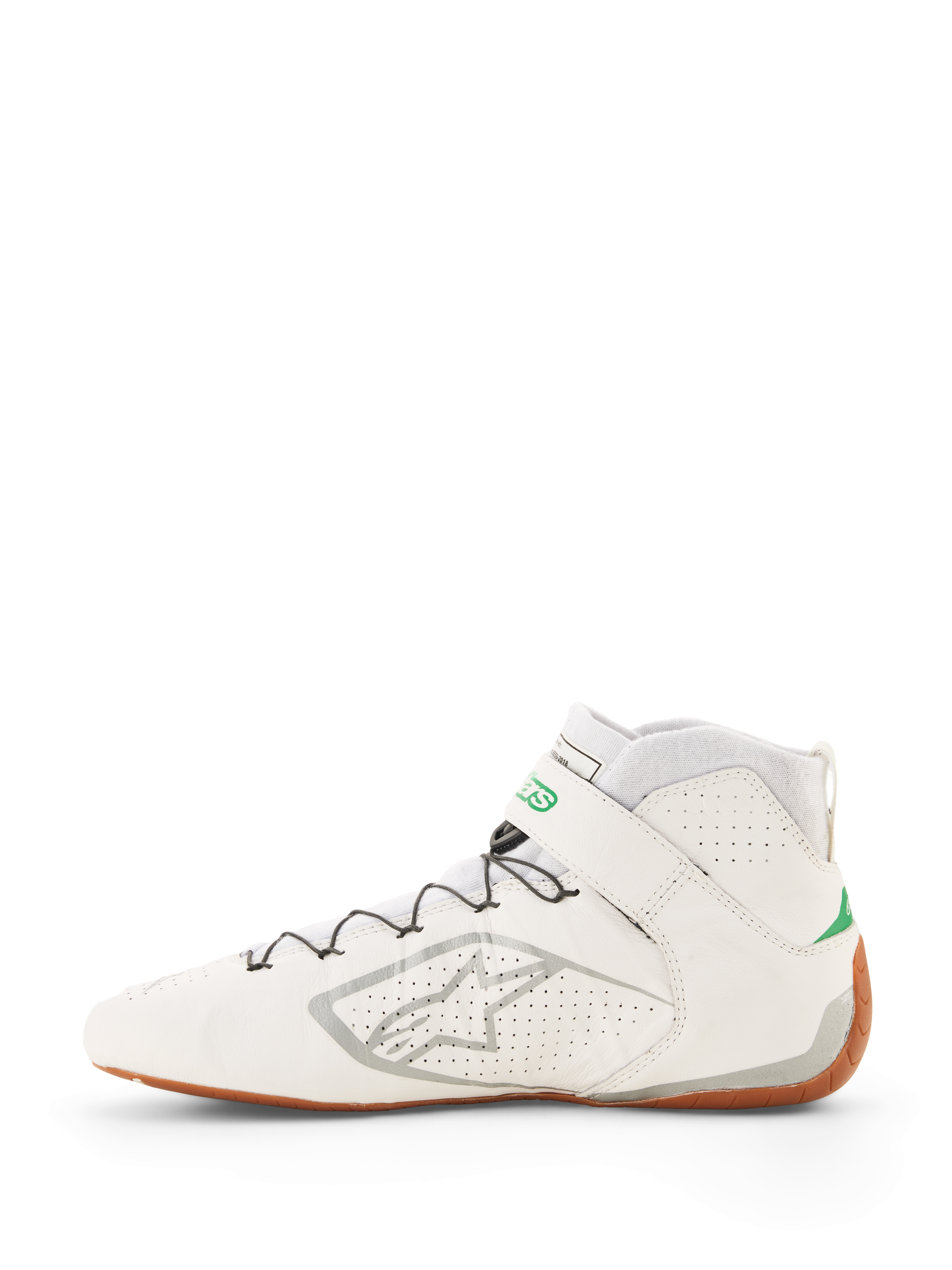 Alpinestars Tech-1 Z V3 Shoes FIA, white racing shoes with green and silver accents, gum sole, high-top design featuring perforated leather, speed lacing system with wire support, silver Alpinestars logo on the side