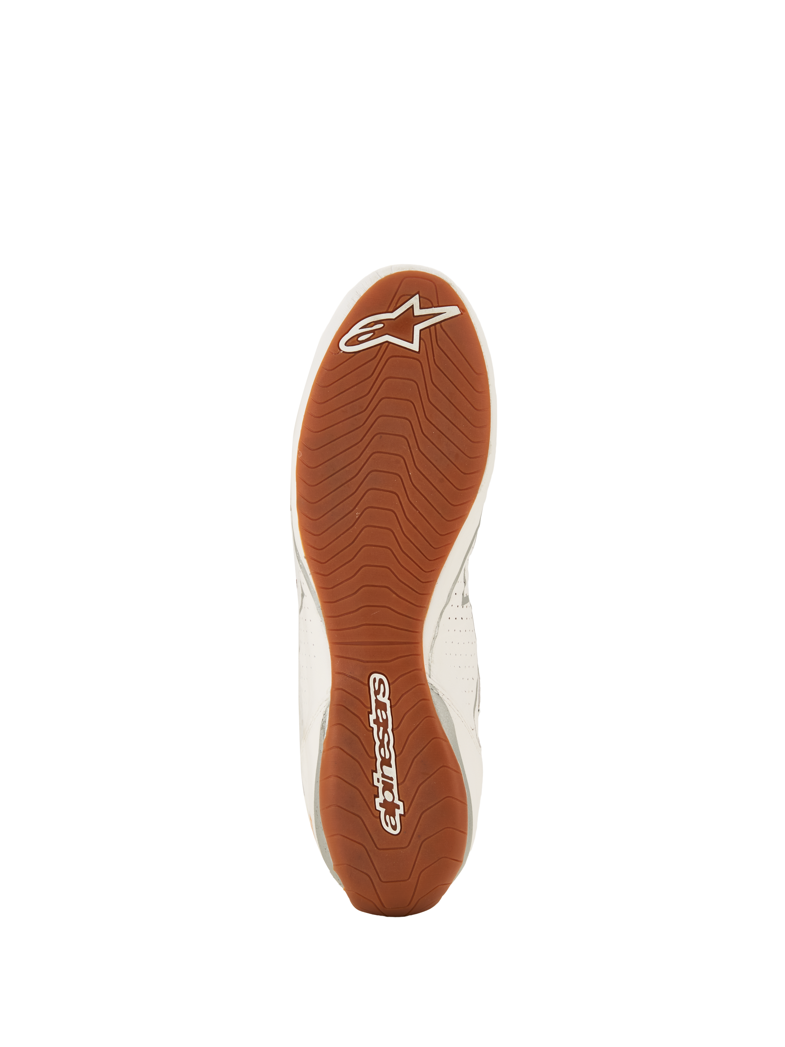 Alpinestars Tech-1 Z V3 Shoes FIA, Auto Racing Shoes, White Green Gum Silver, bottom view of the textured gum rubber outsole, asymmetric tread pattern with white Alpinestars branding on the toe and heel