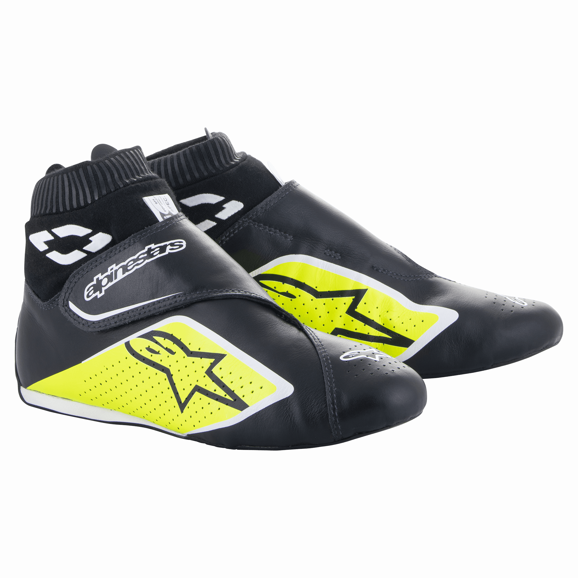 Alpinestars Supermono V2 Schuhe FIA, Auto-Rennschuhe, Schwarz, Neongelb und Weiß, knöchelhohes Design mit geripptem Bündchen, perforierte einteilige Lederkonstruktion mit Stern-Logos, schlankes aerodynamisches Profil für den professionellen Motorsport