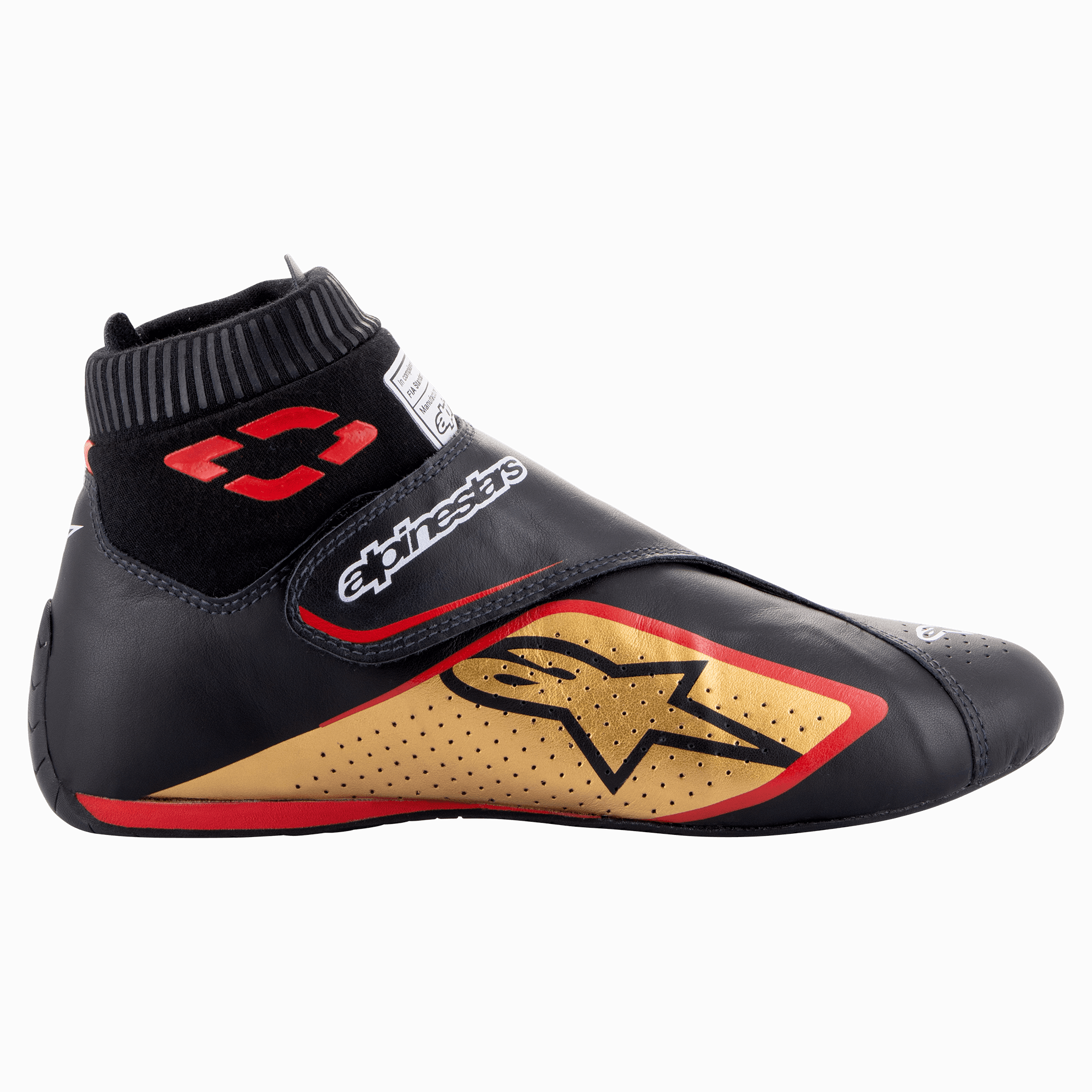 Alpinestars Supermono V2 Shoes FIA, Auto Racing Shoes, Black Gold and Red, side profile view showing leather construction with perforated panels, large gold star logo, elastic sock-style fireproof collar, and a hook-and-loop closure strap.
