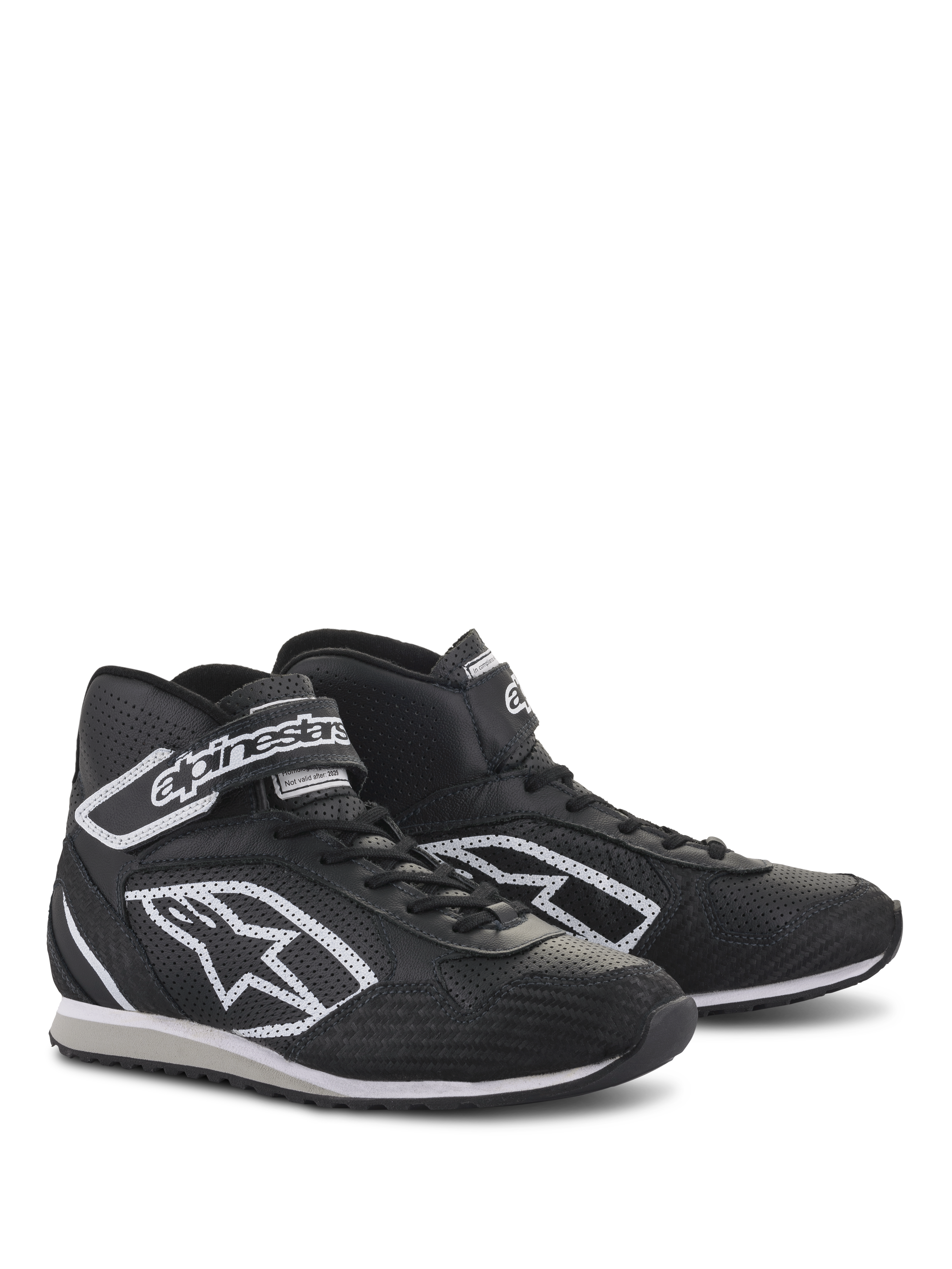 Alpinestars Radar Shoes, professional pit-crew footwear, Black and White, leather construction with perforated cooling zones, features white Astars logo on the side and adjustable ankle strap with branding, durable rubber sole for garage use