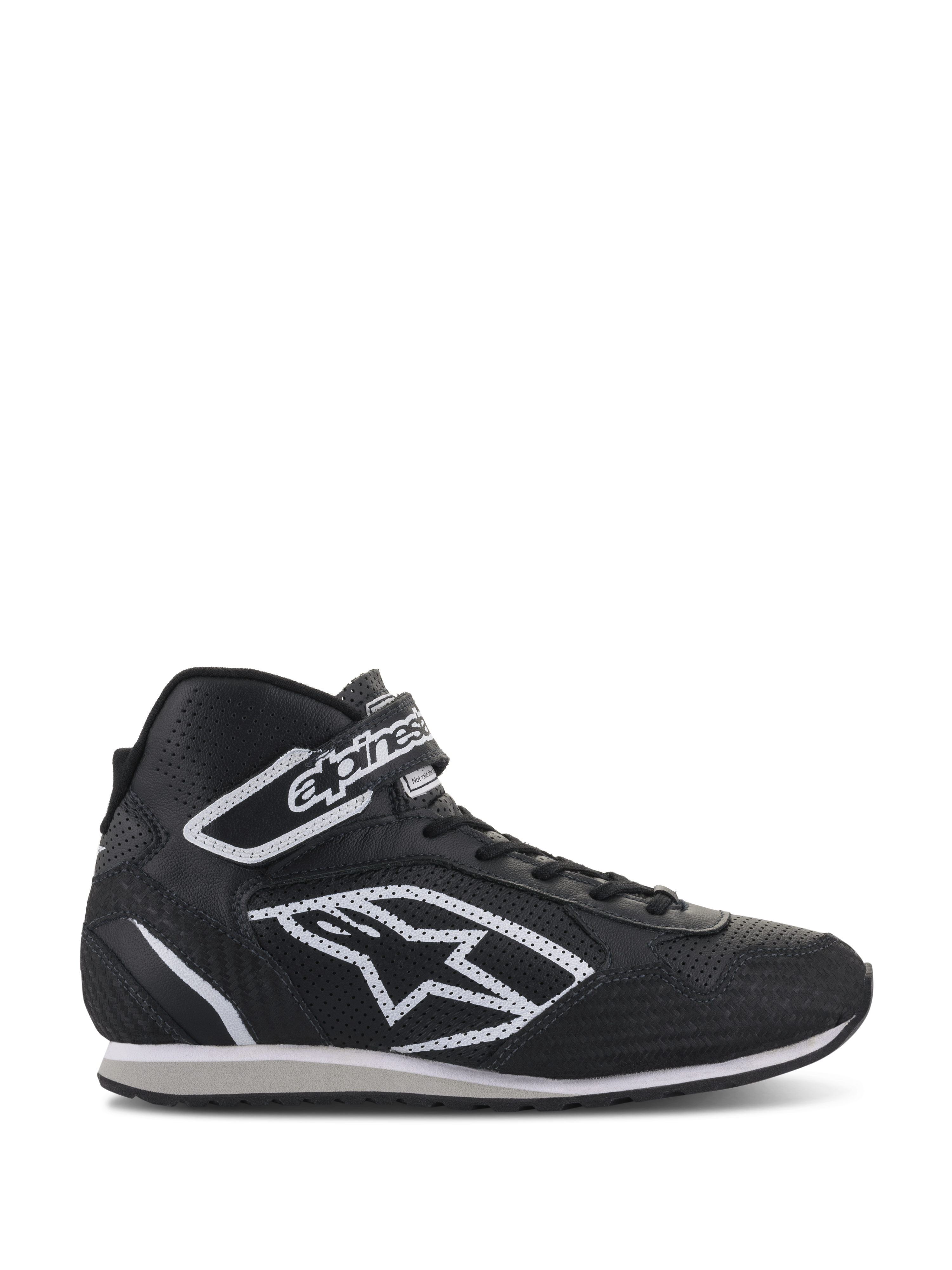 Alpinestars Radar Schuhe, professionelles Schuhwerk für Rennsport-Boxencrews, Schwarz und Weiß, perforiertes Leder-Obermaterial mit großem weißen Stern-Logo, High-Top-Design mit Klettverschluss am Knöchel und Schnürsenkeln, strapazierfähiger vom Motorsport inspirierter Stil