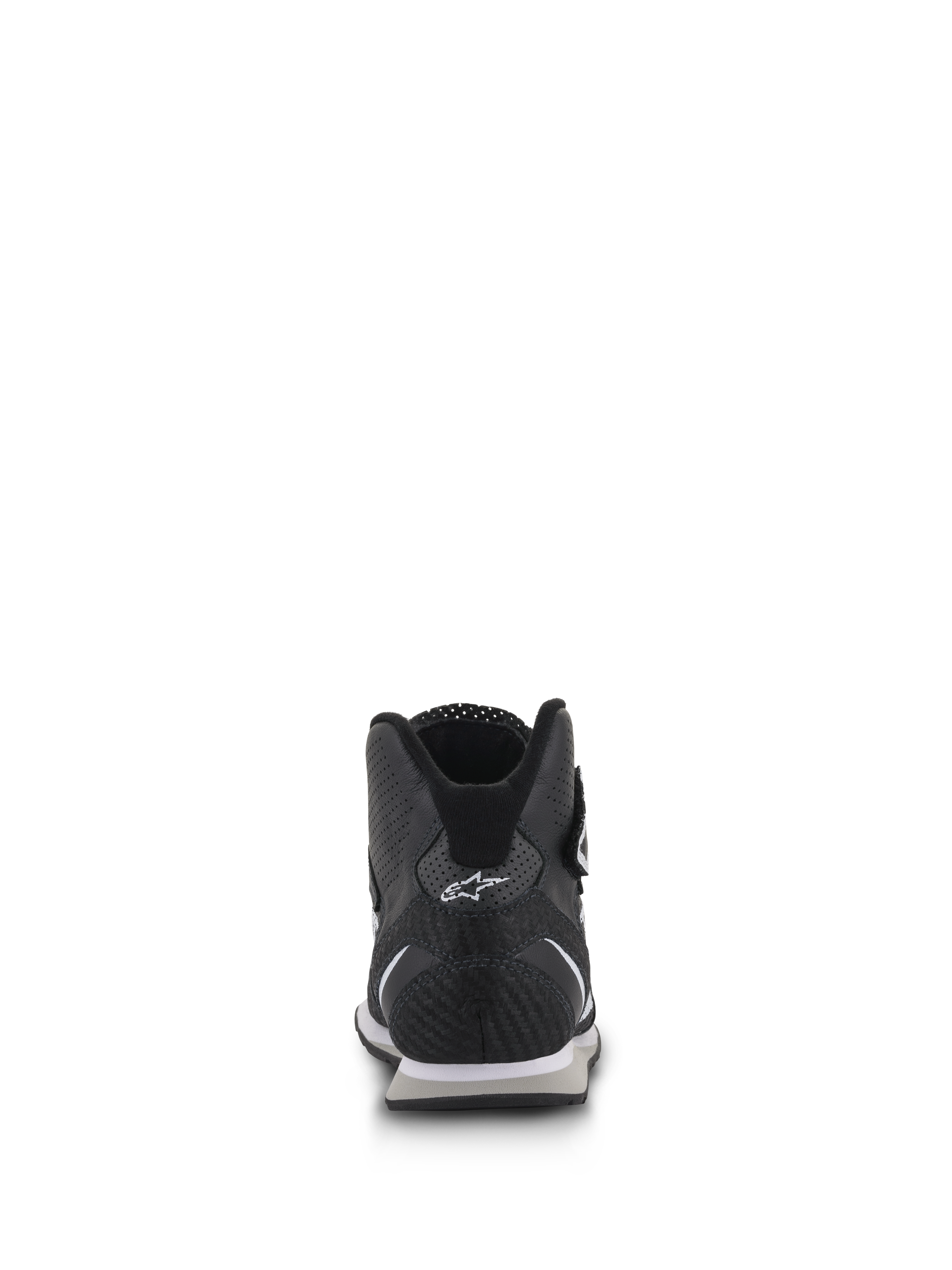 Alpinestars Radar Shoes, Auto Racing Pit Crew Footwear, Black and White, rear view highlighting the reinforced carbon leather heel with white Astars logo, perforated leather panels, and ergonomic low-cut collar