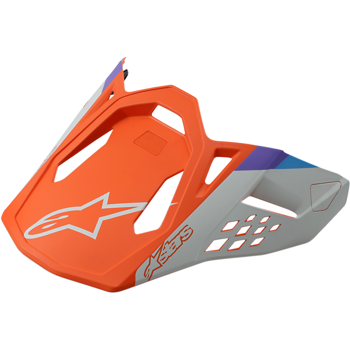 Alpinestars S-M8 Contact Helmet Visor, Motocross Helmet Replacement Peak, Matte Orange and Grey with blue and purple accents, angular design with ventilation cutouts, featuring white star logo and Astars lettering