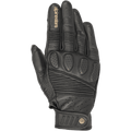 Alpinestars Crazy Eight Handschuhe, schwarze Motorradhandschuhe aus Leder, Akkordeon-Stretcheinsätze an den Fingern und am Handrücken, perforierte Knöchelpolsterung, hellbraunes Alpinestars-Logo auf dem Zeigefinger, verstellbarer Klettverschluss am Handgelenk mit kreisförmigem Logo-Detail.