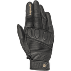Alpinestars Crazy Eight Handschuhe, schwarze Motorradhandschuhe aus Leder, Akkordeon-Stretcheinsätze an den Fingern und am Handrücken, perforierte Knöchelpolsterung, hellbraunes Alpinestars-Logo auf dem Zeigefinger, verstellbarer Klettverschluss am Handgelenk mit kreisförmigem Logo-Detail.