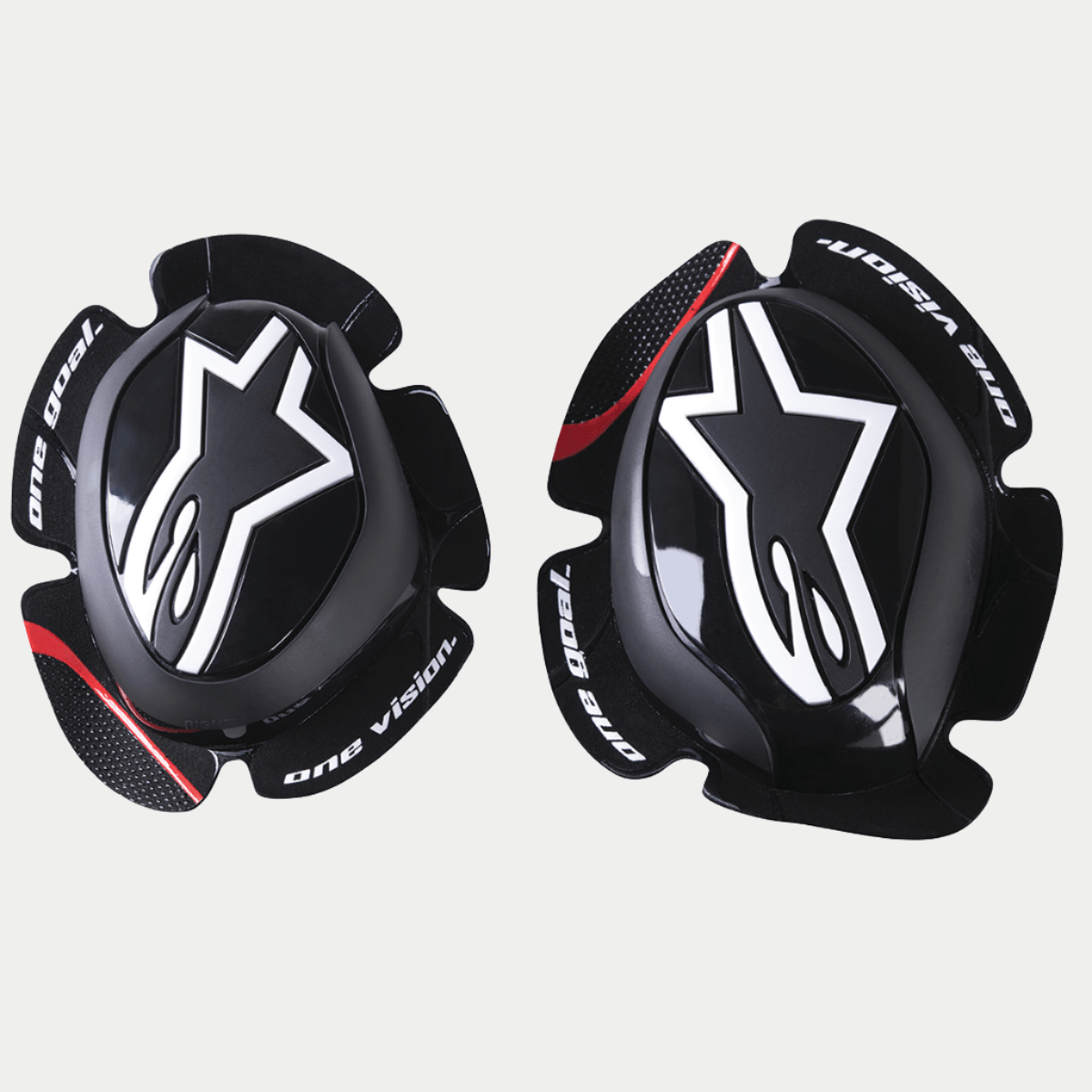 Alpinestars GP Pro Knieschleifer, Schwarz, mit weißem Alpinestars Stern-Logo, „one goal. one vision.“ Schriftzug an den Rändern, roter Akzentstreifen auf texturierten Flügeln, anatomisch geformte Polymermischung für Motorrad-Rennausrüstung
