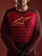 A-Dura Elite Langarmtrikot in Bordeaux mit rotem Brustpanel, gelbem A-Star-Logo und horizontalen Streifen.