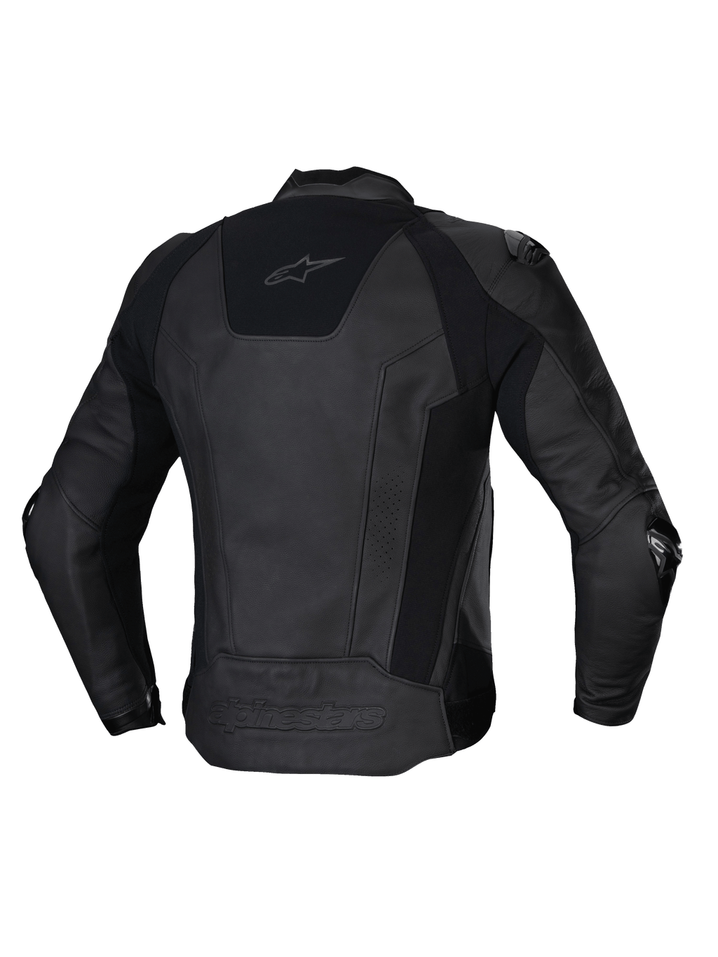 Alpinestars Missile V3 Leather Jacket, men's racing/sport motorcycle jacket, back view in Black, premium bovine race leather with stretch panels and CE certified protection