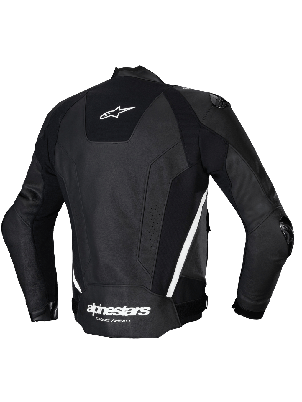 Alpinestars Missile V3 Lederjacke, Herren-Rennsport-Motorradjacke, Rückansicht in Schwarz und Weiß mit Premium-Rindsleder und Stretch-Einsätzen