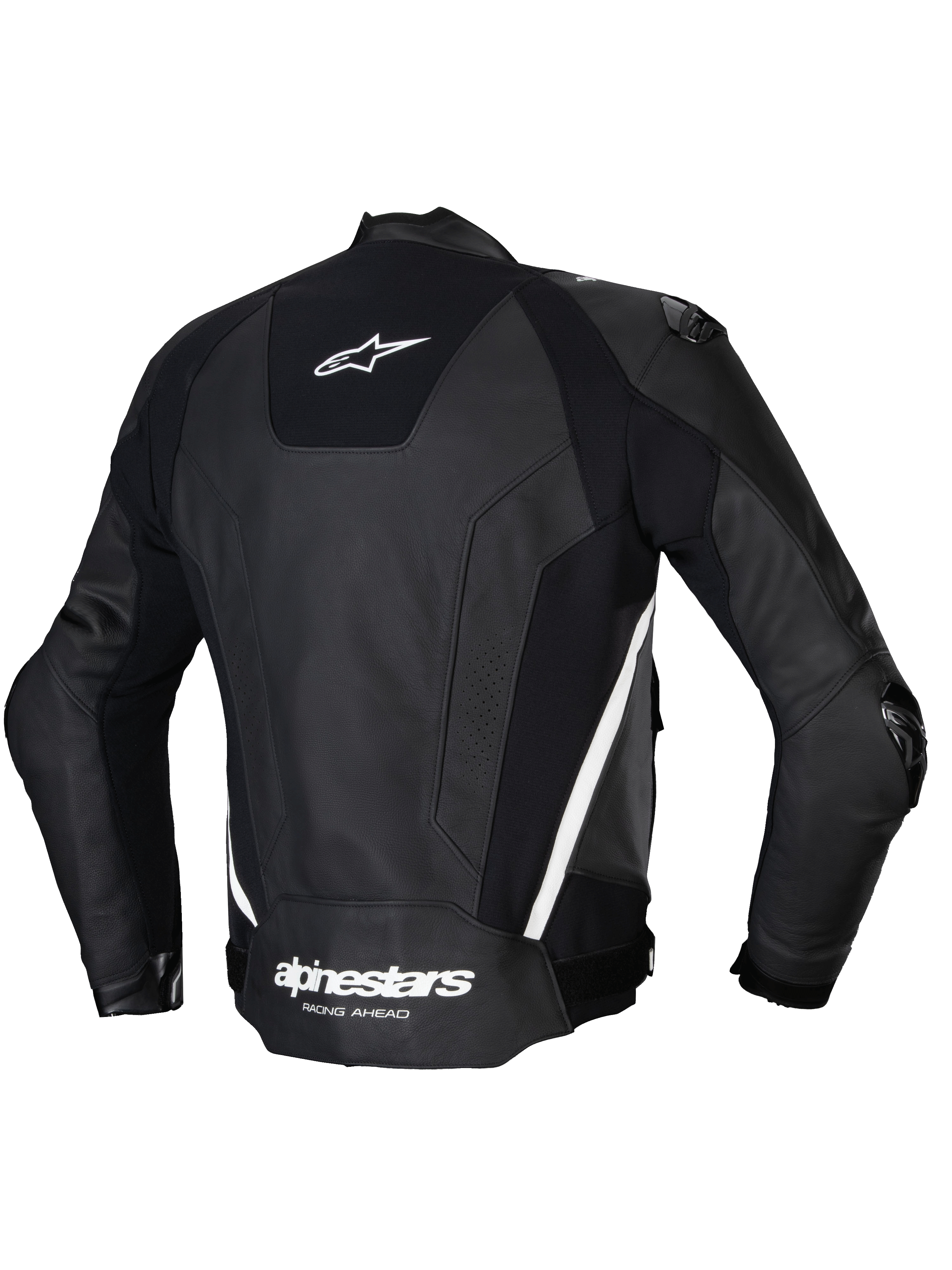 Alpinestars Missile V3 Lederjacke, Herren-Rennsport-Motorradjacke, Rückansicht in Schwarz und Weiß mit Premium-Rindsleder und Stretch-Einsätzen